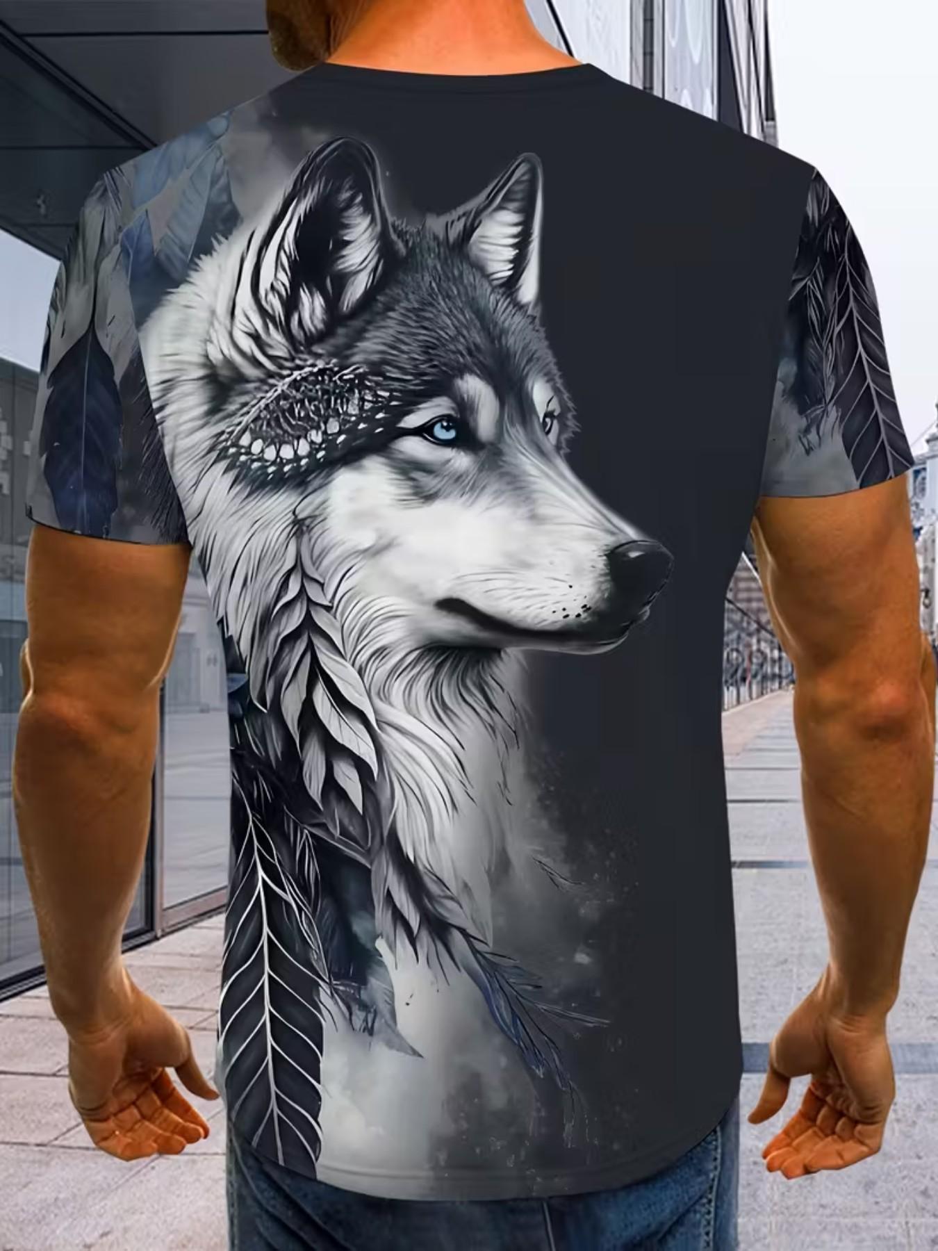 Men's Short Sleeve 3D Wolf Print T-Shirt, Casual Summer Retro Round Neck Pullover, All Seasons Slim-Fitting Top, Washed Design