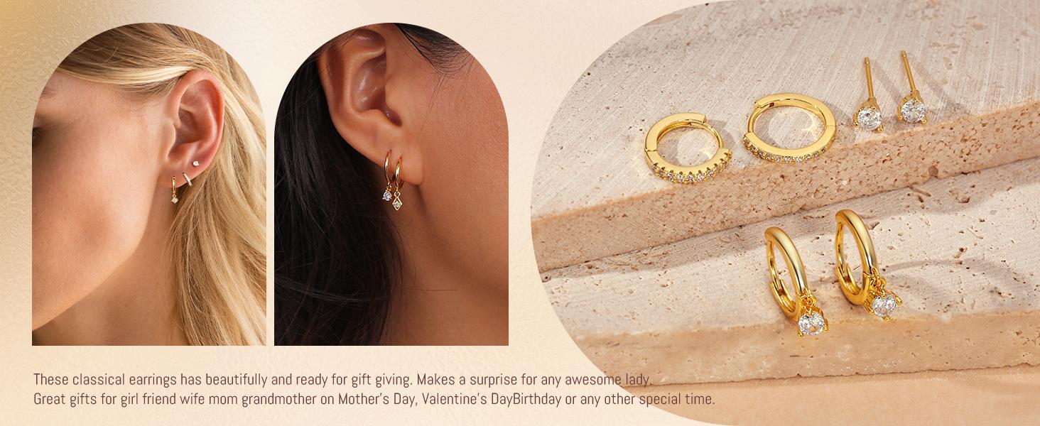 4 Pcs Gold Earrings for Women TrendyCute Cubic Zirconia Hypoallergenic Cartilage Dangle Dainty Gold Hoop Earrings Sets for Women Stud Earring Sets for Multiple Piercing Jewelry Gifts for Her Valentine's Day Gift