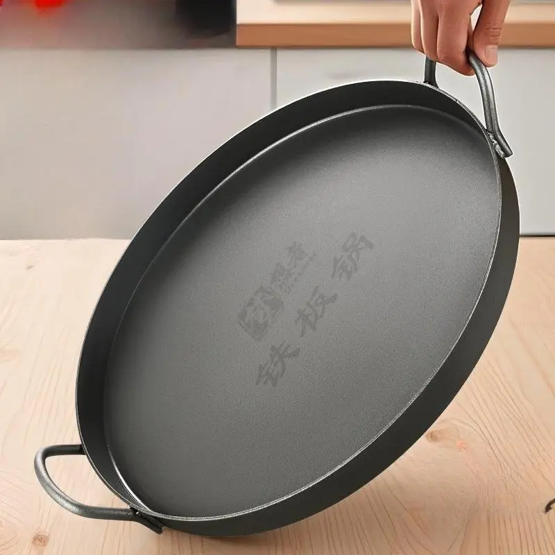 Extra-thick barbecue griddle, teppanyaki iron pan, commercial stall frying pan for barbecue meat and grilled squid, round flat pan, Cast Iron Skillet, BBQ