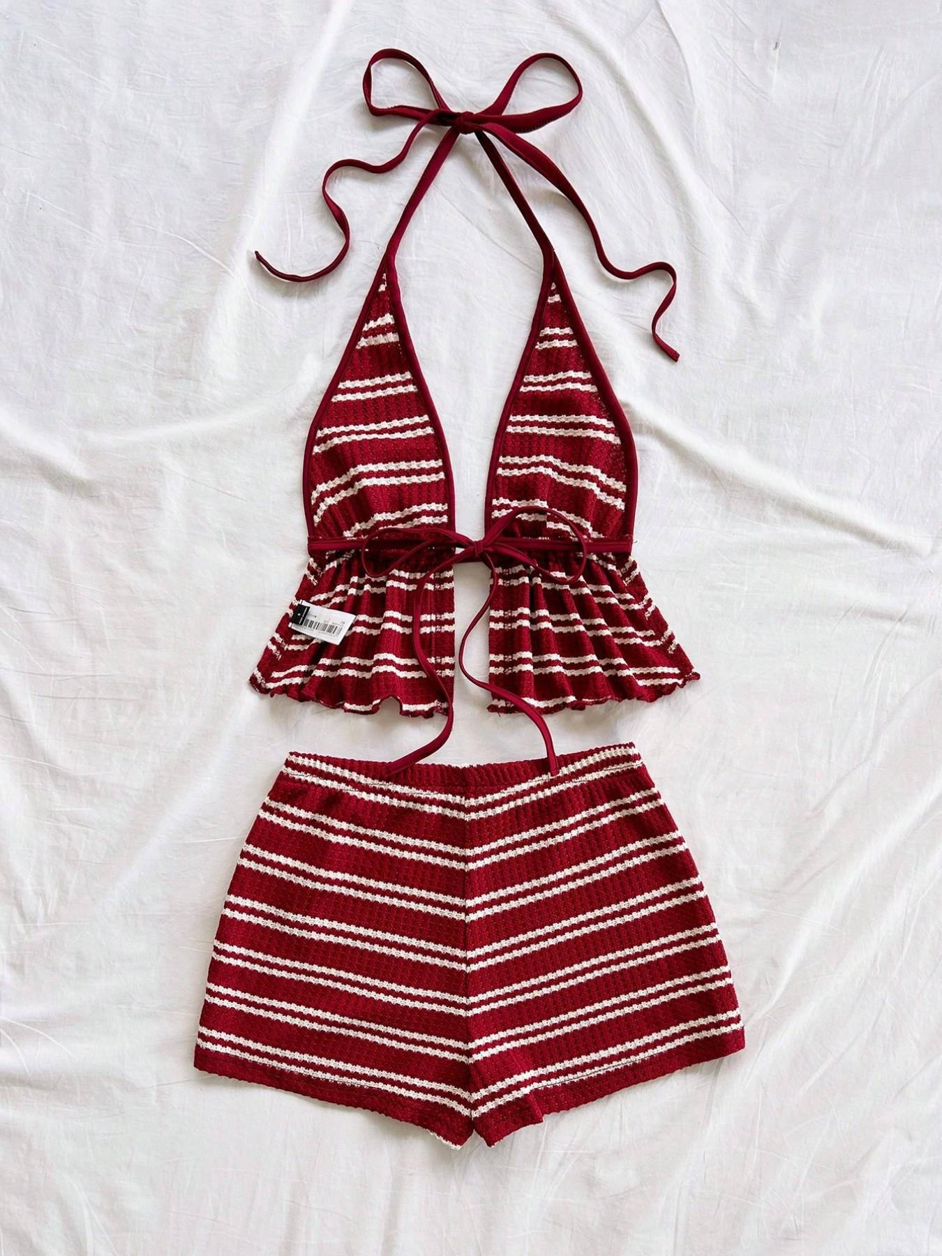 Vintage Red Striped Swimwear Set, Flounce Top & High Waist Bottoms For Summer Getaways & Casual Poolside Outings, Swimsuit Sets
