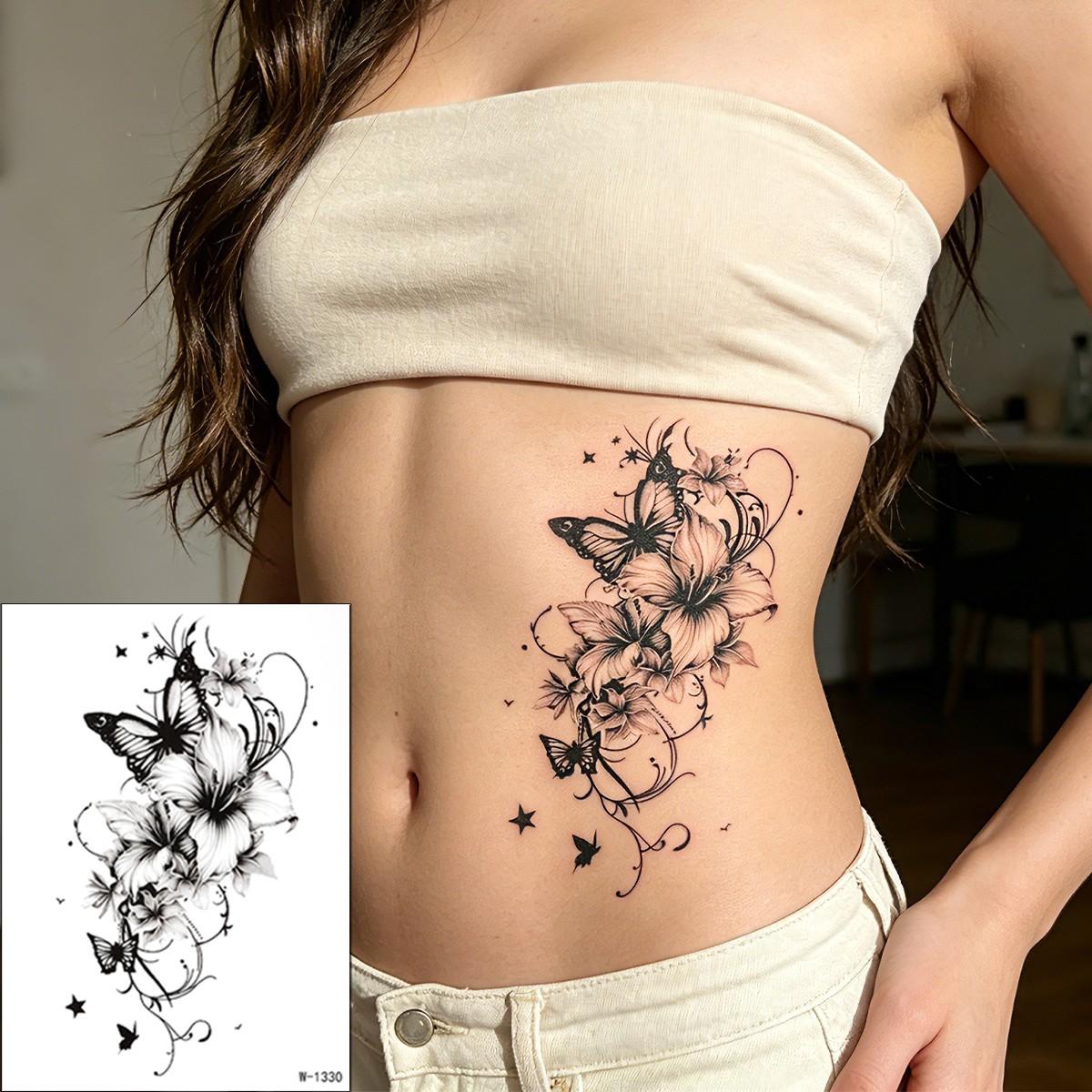 Delicate Butterfly Floral Temporary Tattoo, Waterproof Long-Lasting Body Sticker for Women, Trendy Party Decorations, 1pcs