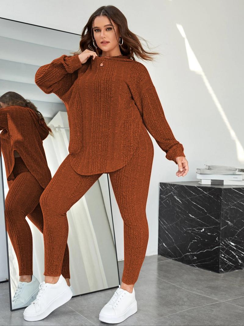 【Plus Size】 Plain Split Curved Hem Hoodie & Leggings Lounge Two-piece Set, Casual Fashion Cozy Breathable Two Piece Outfits for Daily Home Wear, Women's Sleepwear for Spring & Fall