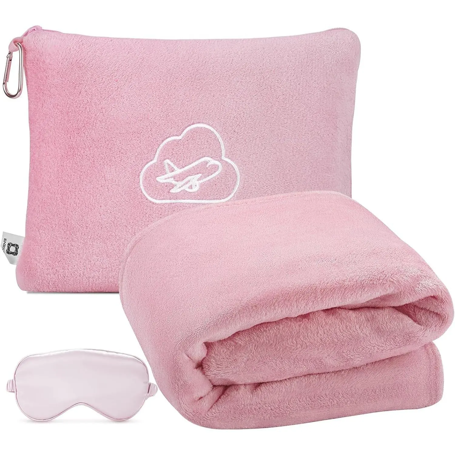 Compact Travel Blanket Pillow with Bag & Eye Mask, Ultra-Soft Warm Lightweight Airplane Blanket, Travel Essentials for Women & Men, Luggage Sleeve & Backpack Clip, 65x40 in, PinkGift