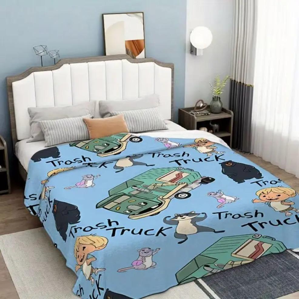 Trash Truck Adorable Cartoon Utility Vehicle Flannel Blanket, Soft Skin-Friendly Polyester Blanket, Baby Blankets and Adult Blankets, Warm Cozy Throw for Sofas, Beds, Camping, All-Season Textile Bedding, Perfect Birthday Holiday Gift for Kids and Family