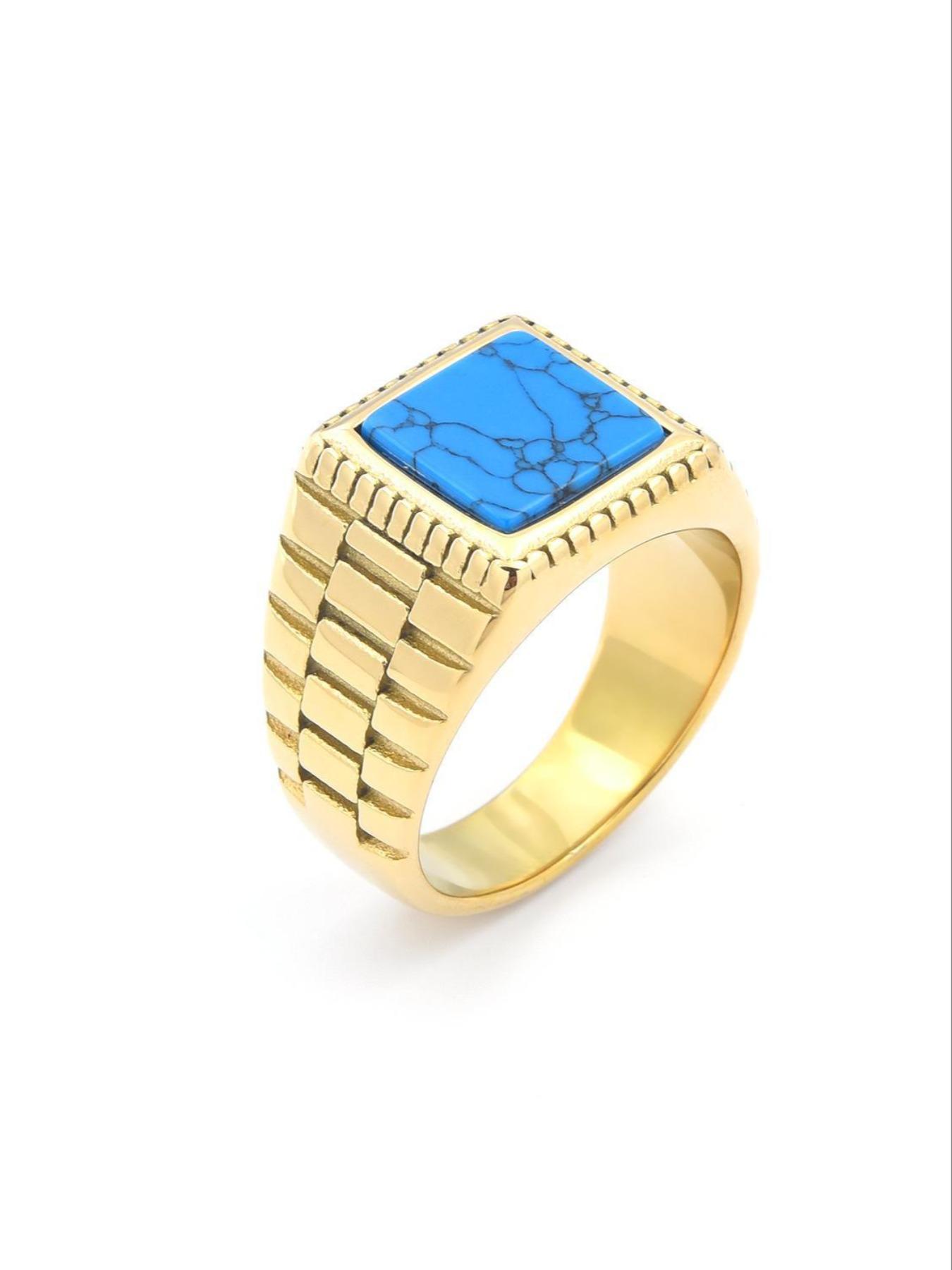 High-Quality Men's Ring, 18K Gold Plated Tarnish-Free, Square Black Gemstone Exudes Boldness