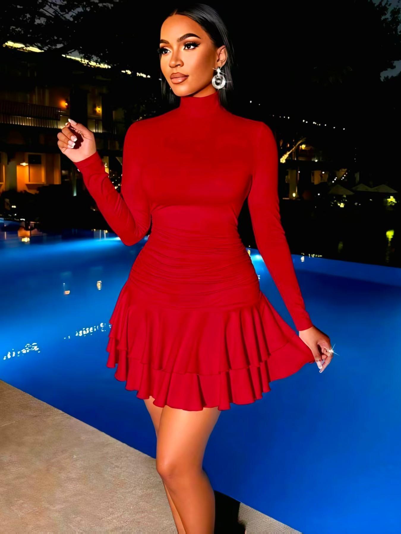 Spring Summer Women's Elegant Party Dress, High Waist Knit Mini Dress, Long Sleeve Pleated Neck, Perfect for Dates and Vacation Sy1158