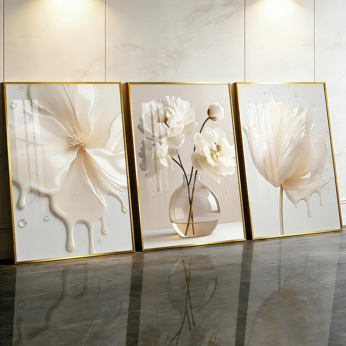 3 Counts Aluminum Alloy Framed Painting, Elegant White Liquid Floral Art Pictures, Home Decoration For Living Room, Bedroom, Office, Restaurant, Hallway Wall Decor, Odorless Print Artwork, Luxury Perfect Gift For Friends And Family