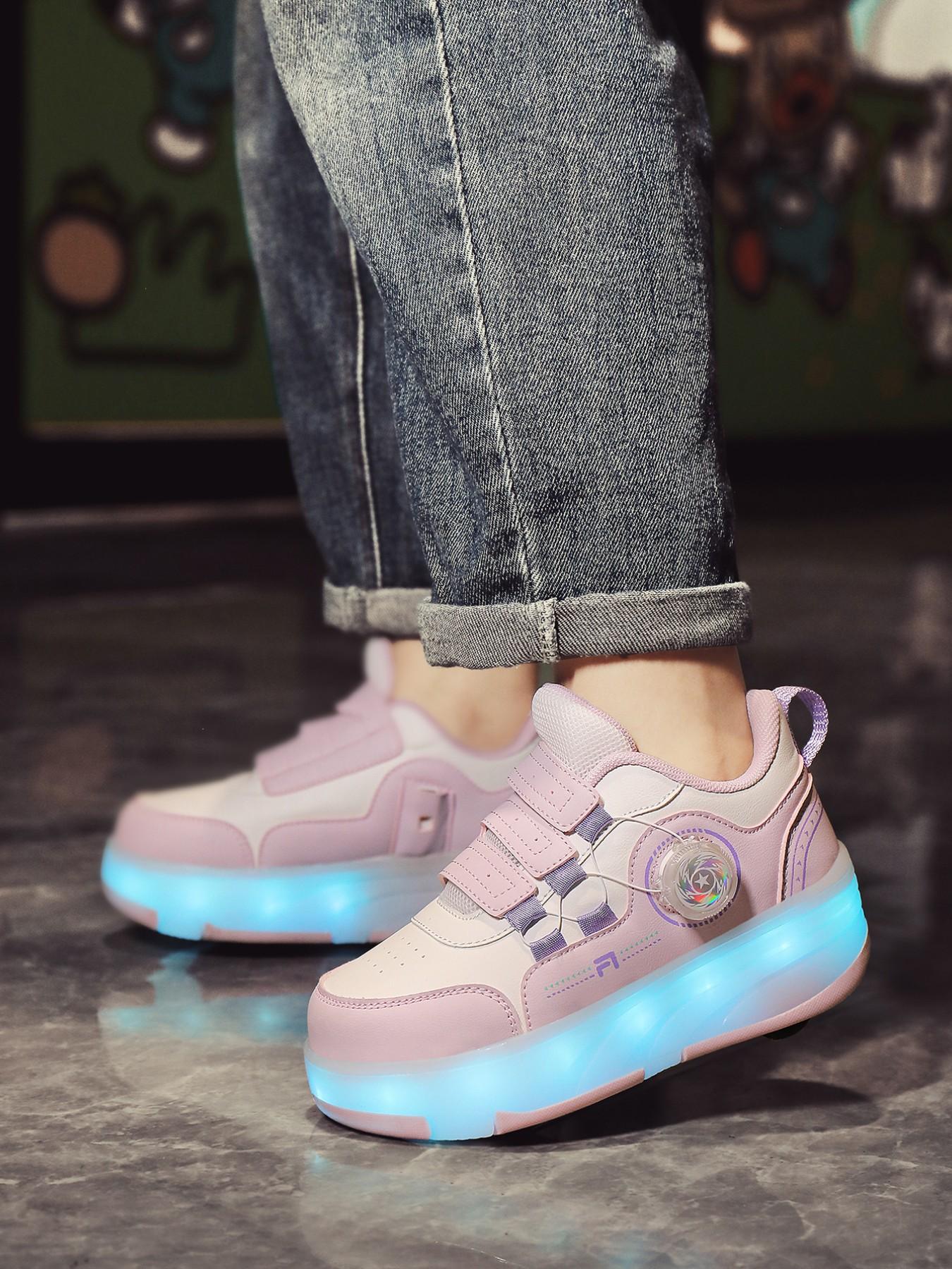 Girls' LED Light-Up Roller Skates, PU Leather Four-Wheel Inline Skates, USB Rechargeable, Detachable Wheels, All-Season Casual Shoes, Shoes With Wheels