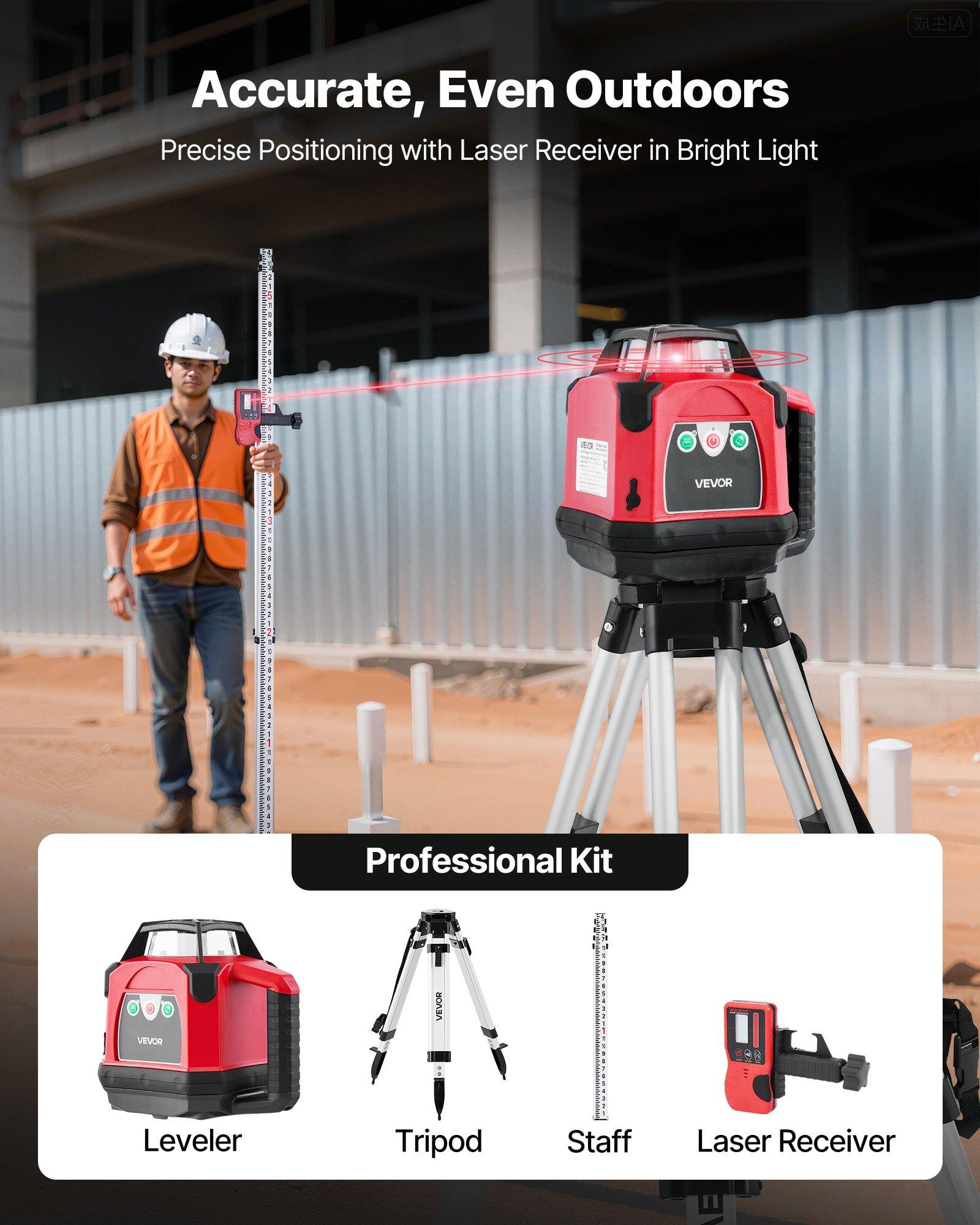 VEVOR Self-Leveling Rotary Laser Level Complete Kit, 1650ft 360-Degree Red Horizontal Laser Transit, Includes Heavy-Duty Tripod, Receiver, Remote Control, Toolcase, IP54 Waterproof, 0.06 in/100 ft for Construction, Includes Tripod