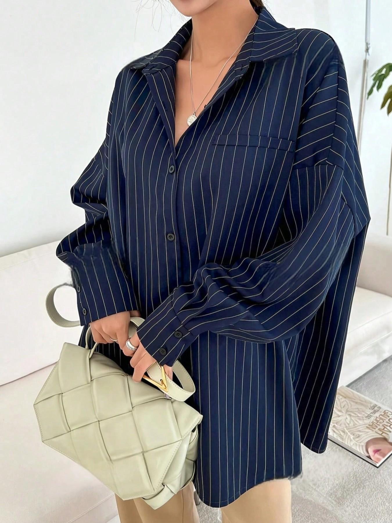 Women's Vertical Striped Drop Shoulder Long Sleeve Button Shirt, Casual Breathable Comfortable Loose Blouse, Fall Fashion Top