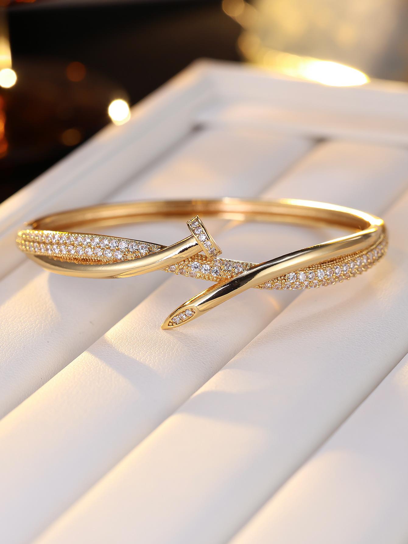 Luxury Micro‑Paved Zircon 18K Gold‑Plated Nail Bangle For Women, Minimalist Luxury Unique Designer Bracelet