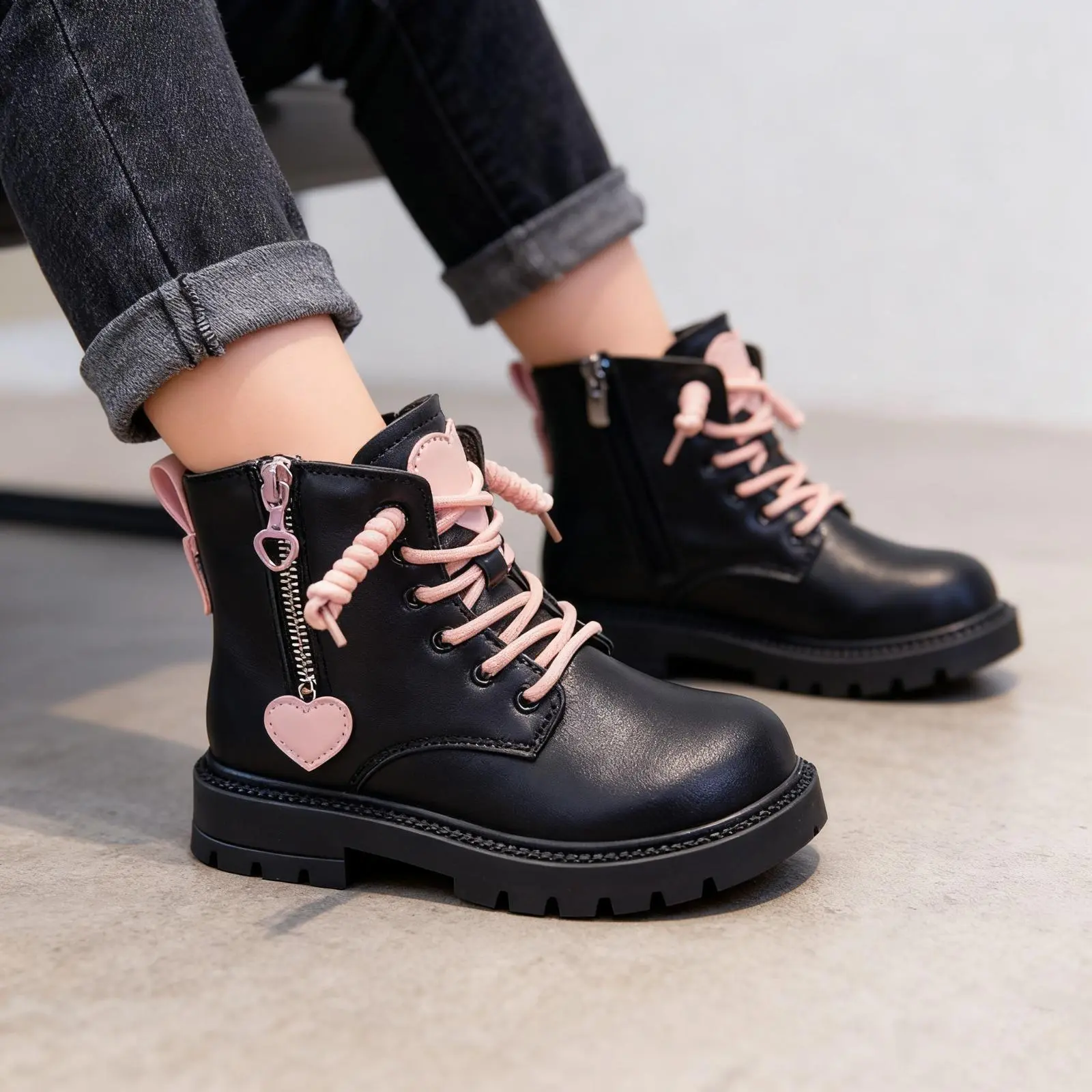 Girls Fleece Lined  Lace Up Snow Boots Fall Winter Warm Combat Fur Ankle Boots Toddler Kids Short Boots Side Zipper Outdoor Shoes for Holiday party & Daily Casual Shoes