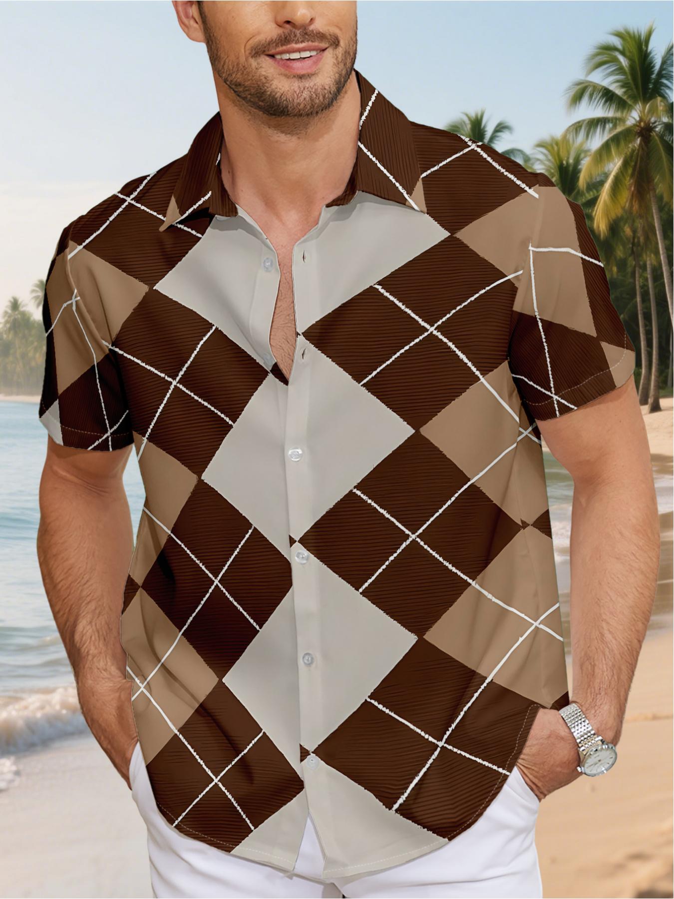 Men's Short-Sleeve Shirt - Flat Digital Print Pattern - No Texture - Diamond Check Pattern in Brown, Beige, and White, Fashionable and Simple Short Sleeve, Buttoned, Casual Collared Shirt, Stylish and Versatile, Suitable for Dates, Beach Vacations, a Perf