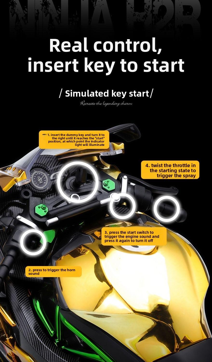 Kawasaki H2R Dynamic Edition 1/9 oversized realistic motorcycle model, highly detailed with precise reproduction of features, supports ignition start, authentic engine sound effect, has a strong metallic texture, essential for collector-level motorcycle e