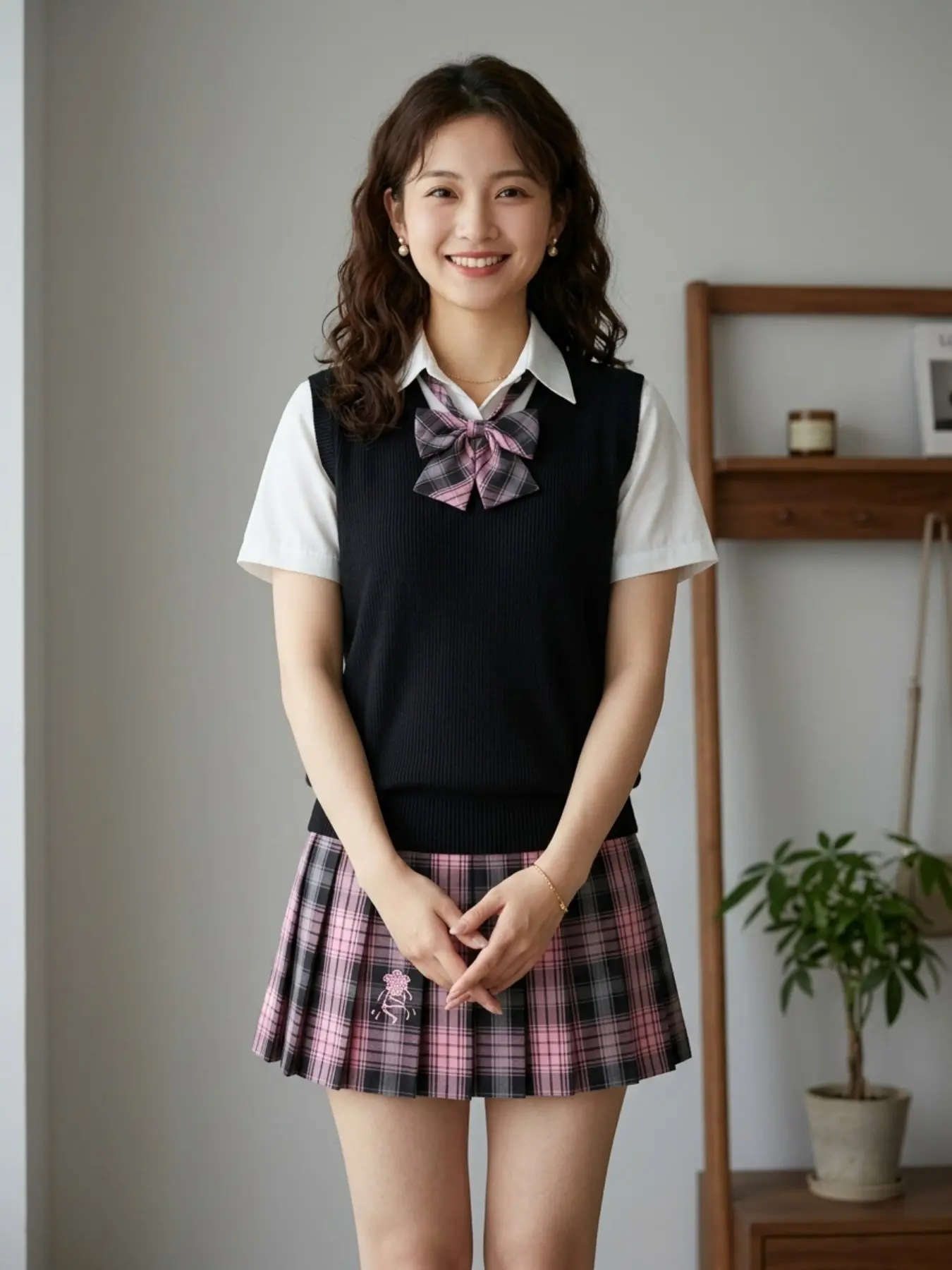 Women's Plaid Set School Style Pleated Skirt Jk Uniform Set, Spring & Fall Japanese Style Long Slim-Fitting Solid Pattern Unlined Clothing