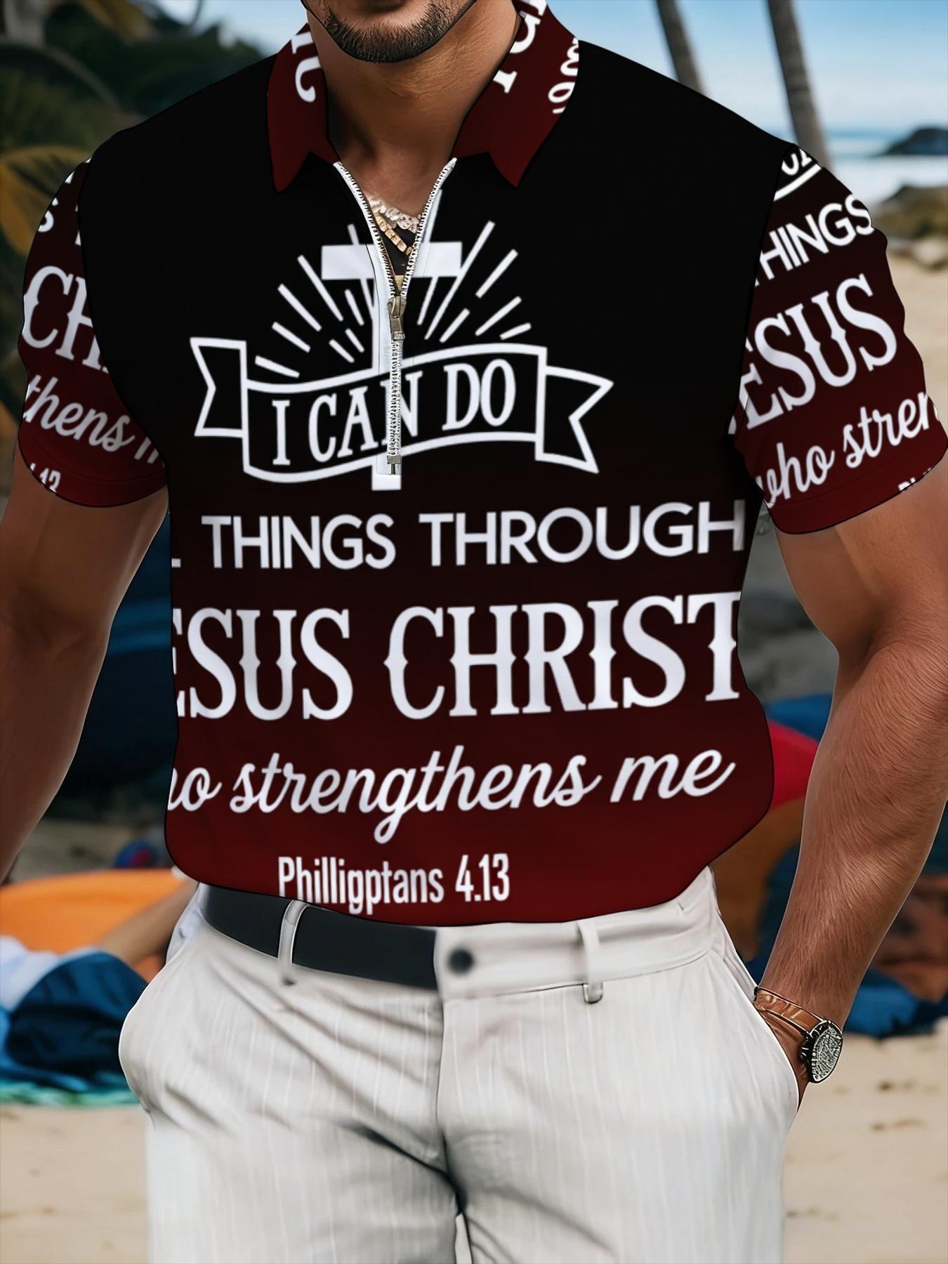 Men's Religious Theme Short Sleeve Polo Shirt with Faith Inspirational Print, Christian Bible Verse Color Block Design, Summer Trendy Men's Wear