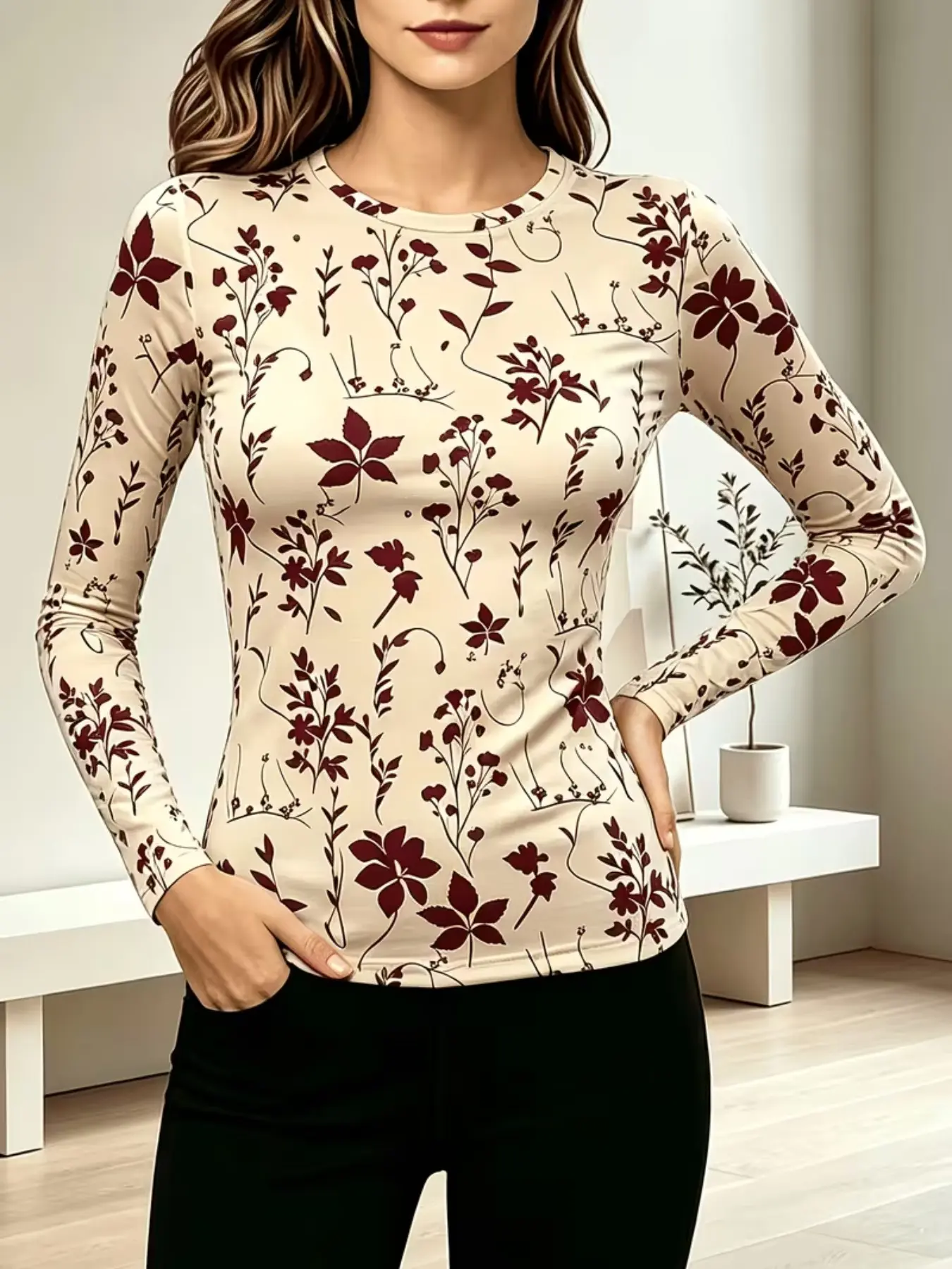 Floral Print Long Sleeve T-Shirt for Women, Round Neck Slim Fit Stretchy Casual Top, Soft Intelligent Daily Innerwear Shirt