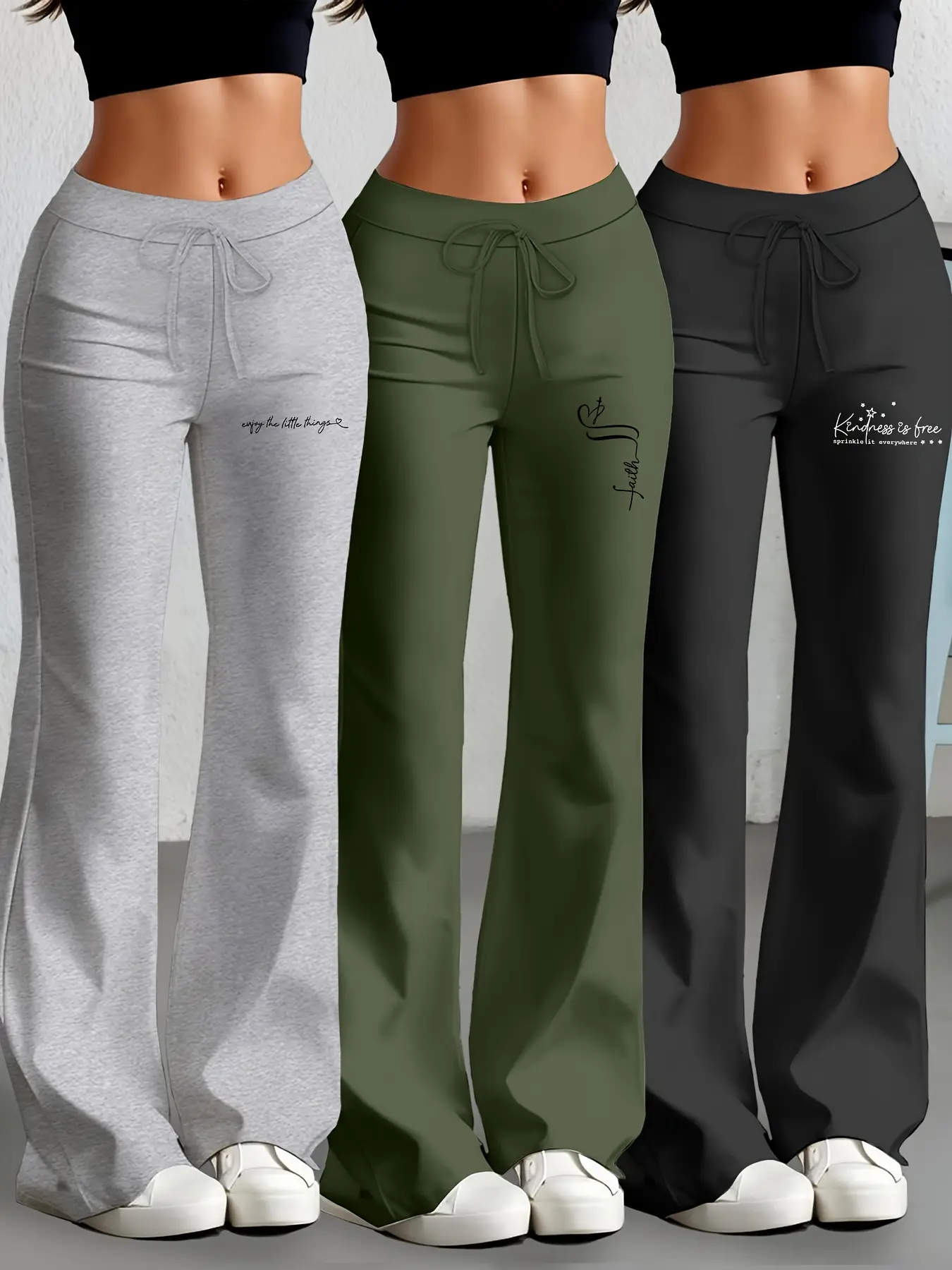Three-Piece Set Milk Silk Yoga Pants, European & American Style Wide-Leg Straight-Cut, Drawstring Waist, Casual Fashion Long Pants