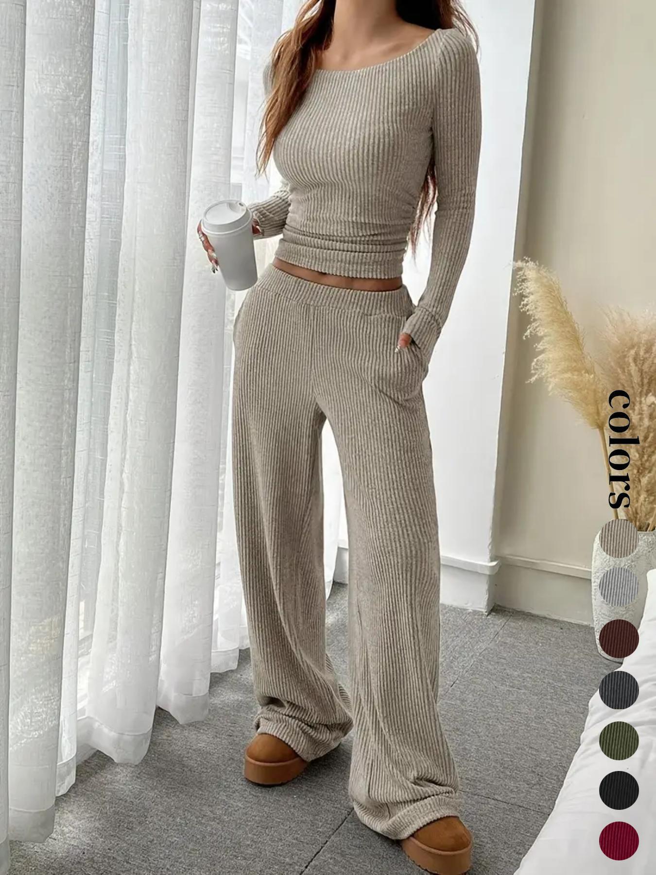Women's Casual Striped Long Sleeve Top & Loose Pocket Pants Set, European Style Womenswear, Comfortable for Daily Wear