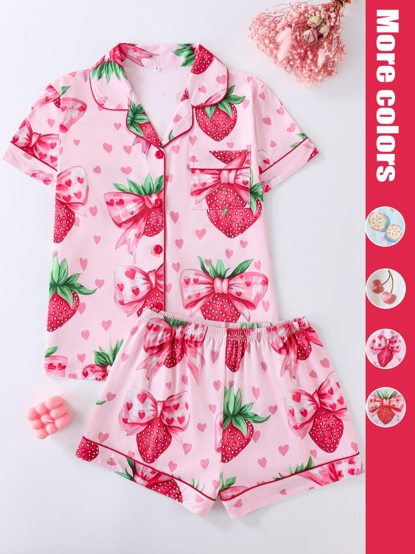 Women's Strawberry & Heart Print Lapel Neck Shirt & Shorts Matching Pyjama Two-piece Set, Ladies Sleepwear for All Seasons, Loungewear, Pajamas
