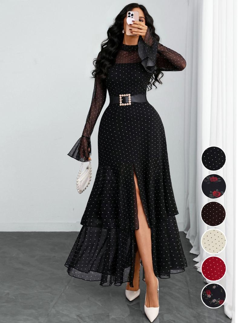 Women's Romantic Polka Dot Split Mesh Patchwork Layered Elegant Flared Skirt Dress, Fitted Style, All Seasons, No Waistband Included Women's Romantic Polka Dot Split Mesh Patchwork Layered Elegant Flared Skirt Dress, Fitted Style, All Seasons, No Waistband Included