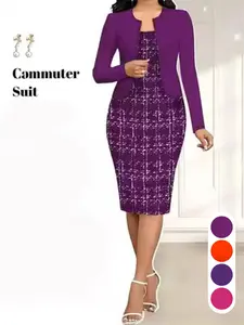 (General fabric material) (Printed design) Spring and Autumn style knitted button-down cardigan top - classic straight skirt - two-piece set - suitable for women's wear - elegant wedding guest dress - women's autumn clothing - office dress - tight-fitting