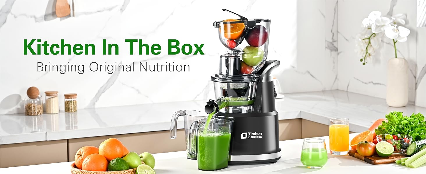 Kitchen in the Box Cold Press Juicer | Slow Masticating with 3.3" Large Feed Chute for Whole Fruits & Veggies | High Yield | BPA-Free Kitchen in the Box Cold Press Juicer | Slow Masticating with 3.3" Large Feed Chute for Whole Fruits & Veggies | High Yield | BPA-Free