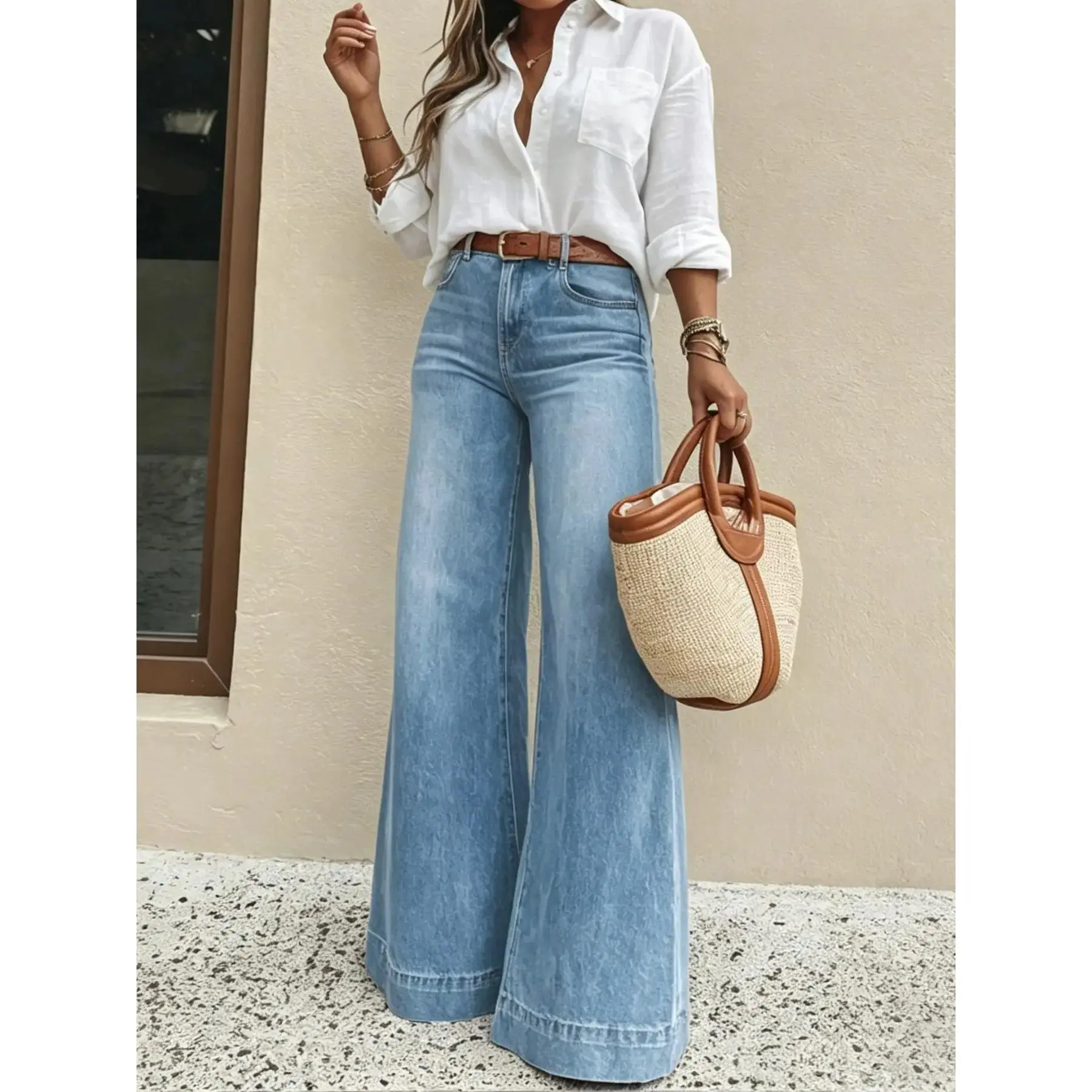 Women's Elastic High-Waist Loose Solid Color Jeans - Slimming, All-Season, Comfortable Versatile Basic Bottoms