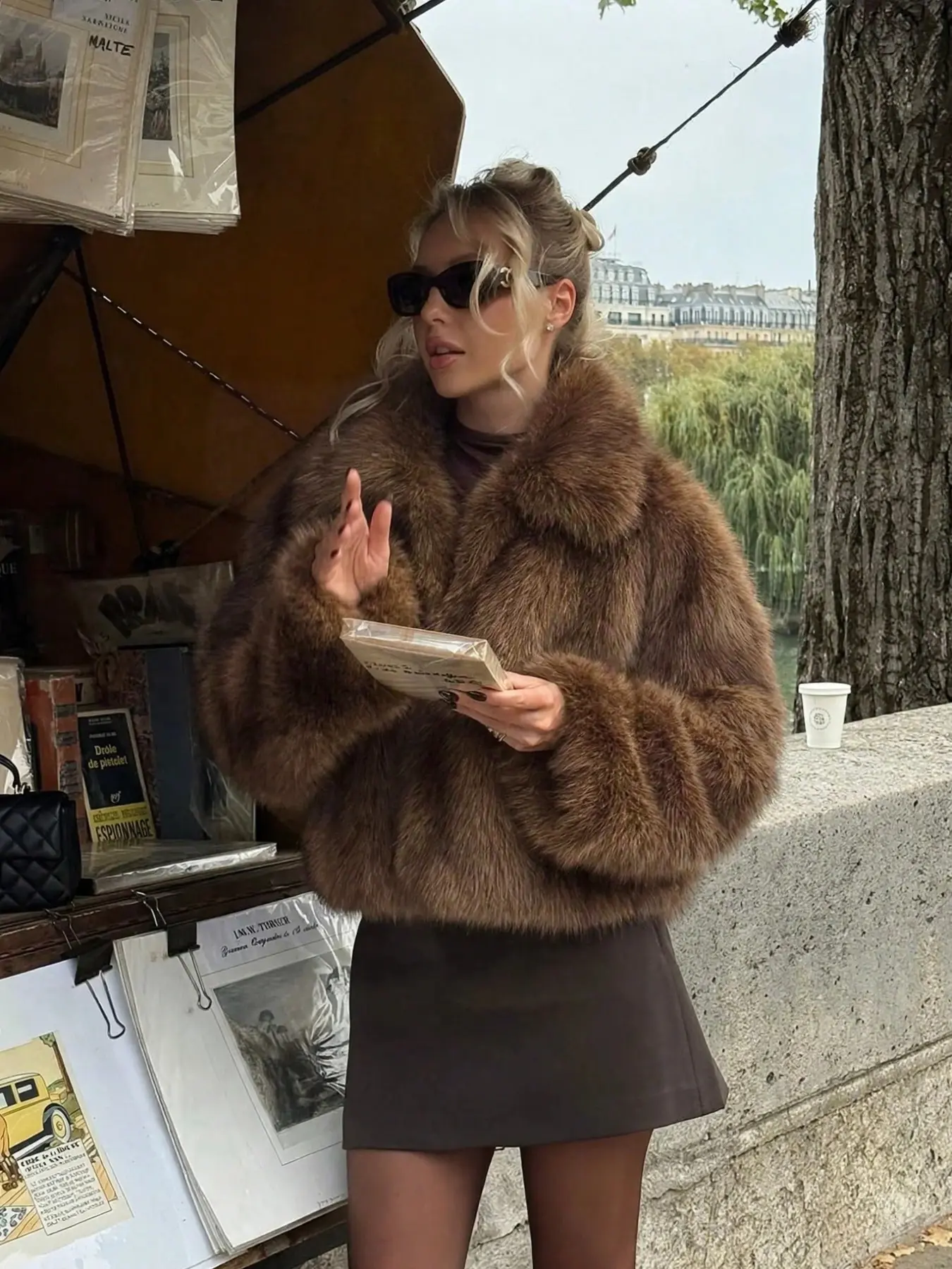 Women's Fall Winter Street Style Faux Fur Jacket, Long Sleeve Loose Fit Coat, Fox Faux Fur Jacket, Youthful Medium-Length Faux Fur Jacket