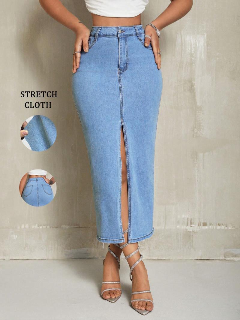 Women's Casual Elastic Front Slit Denim Skirt, Fashionable Comfort Design, Perfect for Daily Wear, Multifunctional Stylish Item