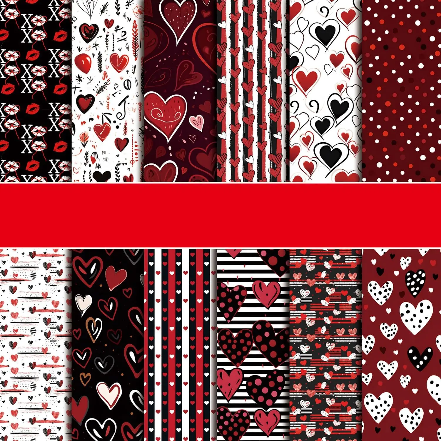 Valentine Scrapbook Paper Pad: Black Red Love Heart Valentine Patterned Paper 12×12-24 Sheets Scrapbook CardStock Papers Pad for Holiday Cardmaking DIY Origami Decorative Craft Papers.