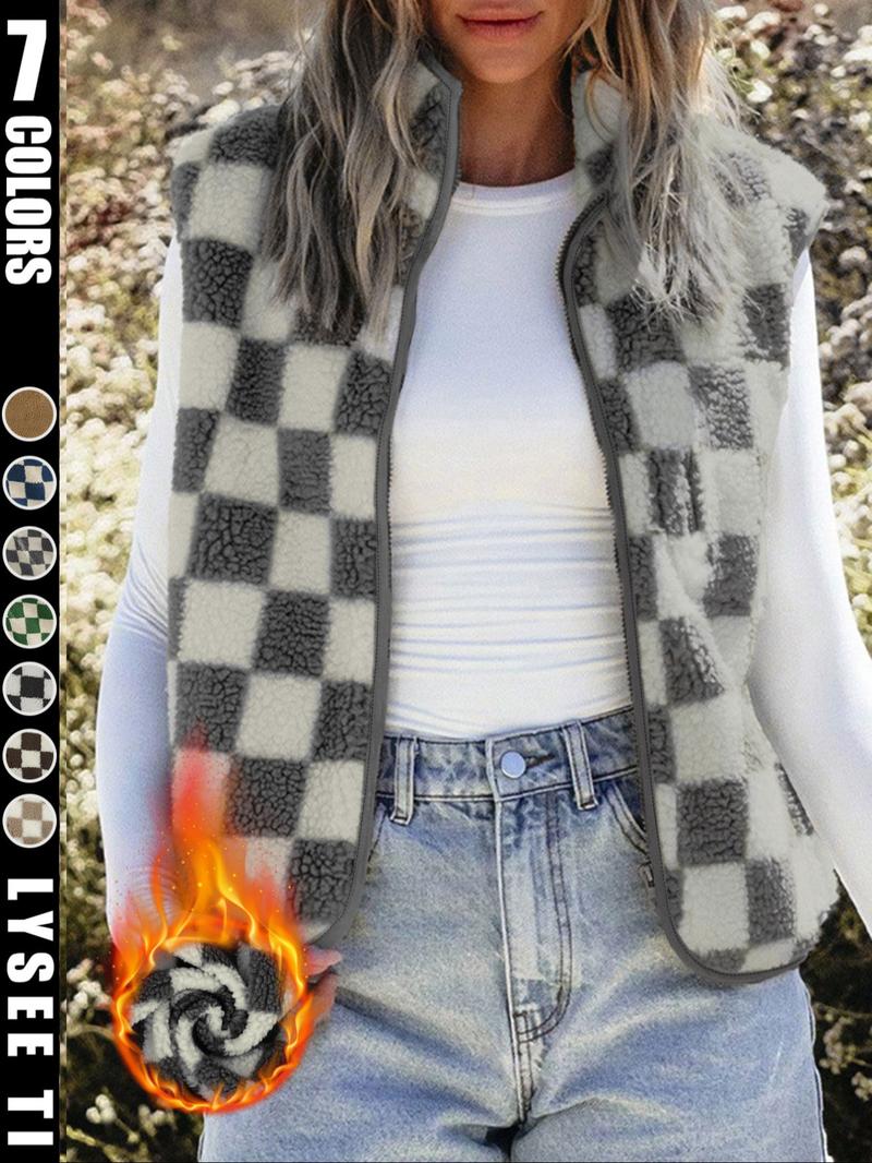 Ins style checkerboard plush vest women's autumn and winter outerwear short style shoulder retro square grid loose vest jacket top