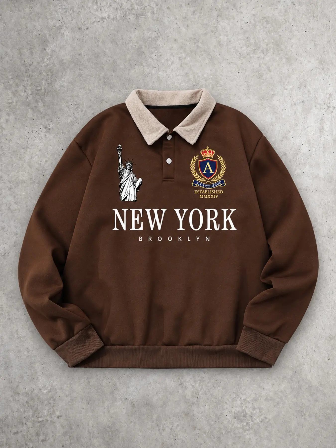 Unisex Oversized Polo Collar Graphic, New York Brooklyn Statue of Liberty Print Long Sleeve Pullover, Relaxed Fit Ribbed Hem Varsity Streetwear Top Trendy Fashion Pullover for Campus, Travel, Weekend and Everyday Wear