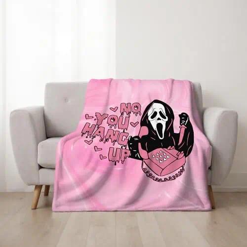 Ghostface Halloween Throw Blanket, No You Hang Up Horror Movie Character Blanket, Serial Killers Flannel Blanket, Spooky Fall Halloween Blanket, Suitable for Bed, Sofa, Bedroom, Library, Travel, Funny Halloween Gifts for Family and Friends.