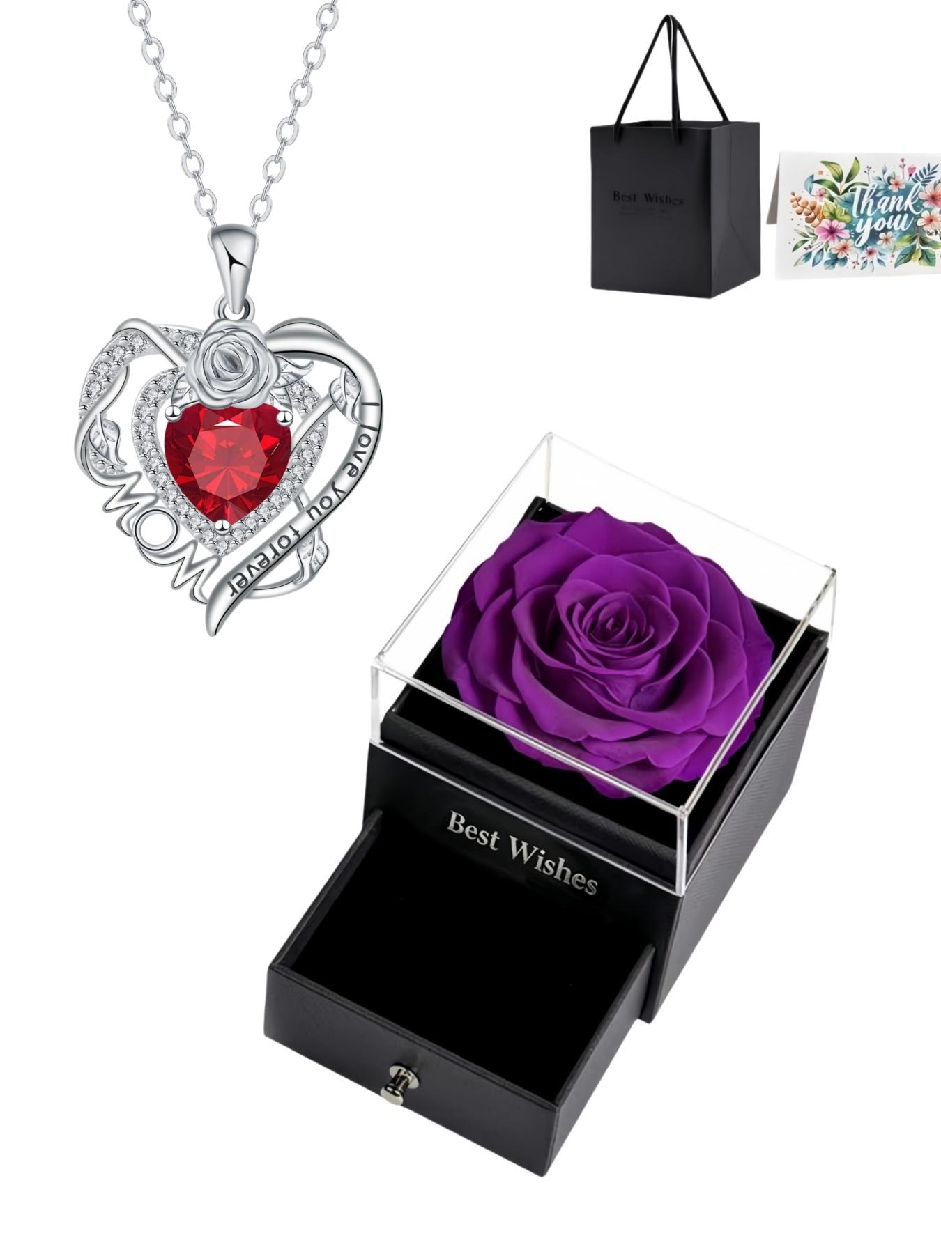 Rose Heart Forever Mom Original heart-shaped rose pendant, luxury premium gem necklace.Paired with a purple preserved rose gift box.Ideal gift for birthdays, Mother’s Day and Valentine’s Day.