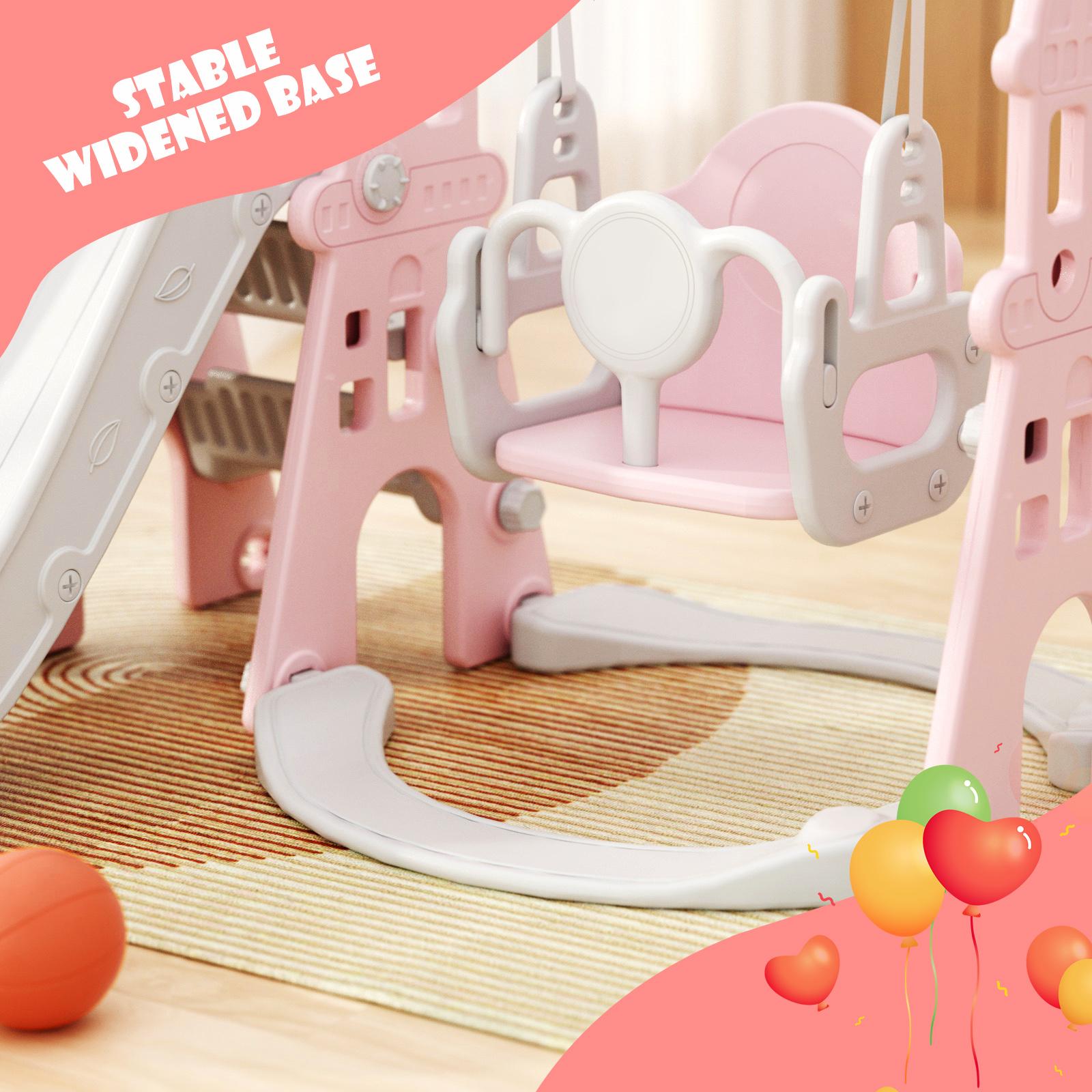 KORIMEFA 4-in-1 Kids Slide and Swing Set with Basketball Hoop Climbing Ladder Multifunctional Play Center for Active Fun Age 1+ Years Indoor Outdoor Playset Safe Durable HDPE Material - Playground Equipment Playroom Sport