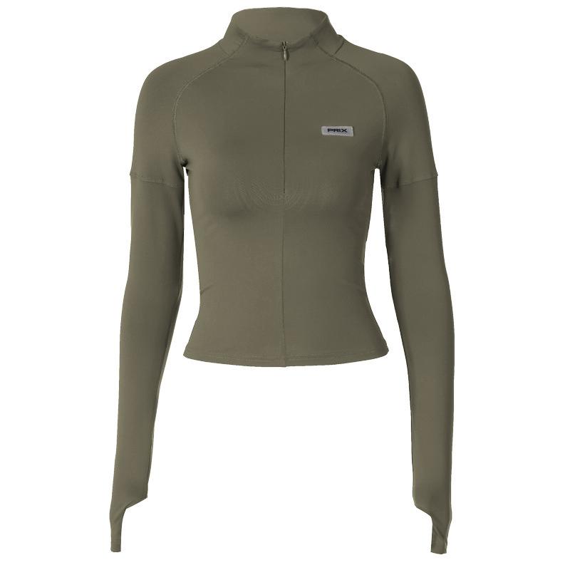 Women's Plain Zip-Up Crop Tee with Letter Patches and Stitching, Casual Trendy Mock-Neck Tight-Fitting Top for Daily Wear, Ladies' Spring & Fall Clothes