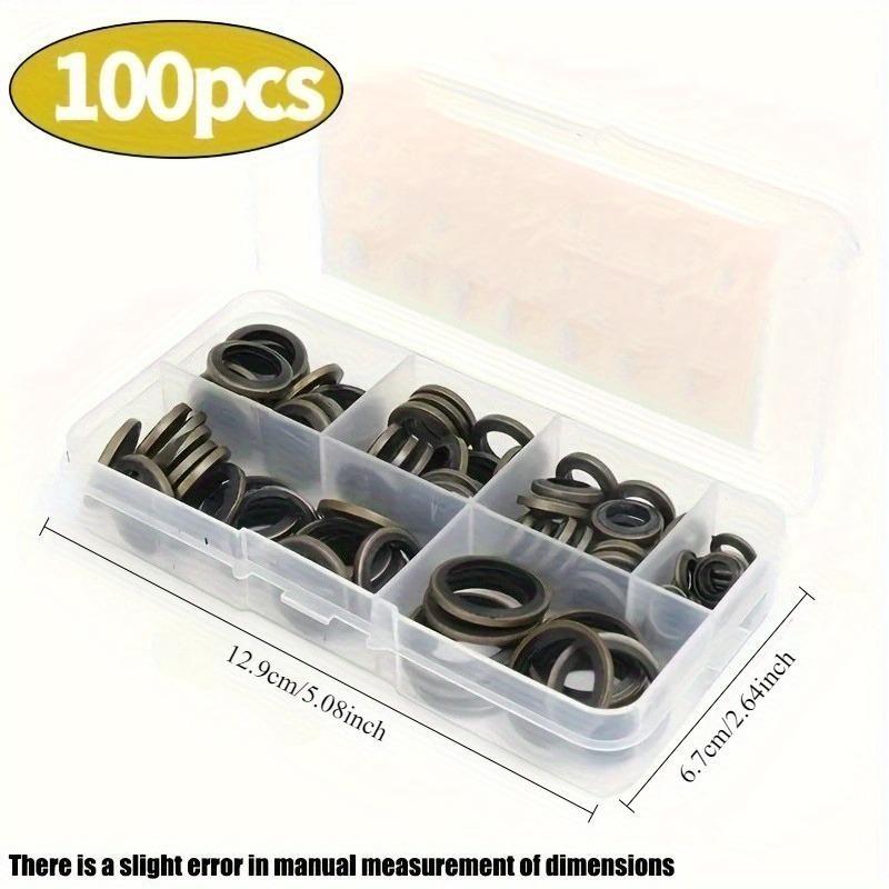 100pcs Oil Plug Washer Kit - Multi-Size Rubber Gaskets for Automotive And Truck Oil Pans (M6/M8/M10/M12/M14) | Leak-Proof Replacement Seals for Car Oil Changes | Durable Nitrile Rubber Washers