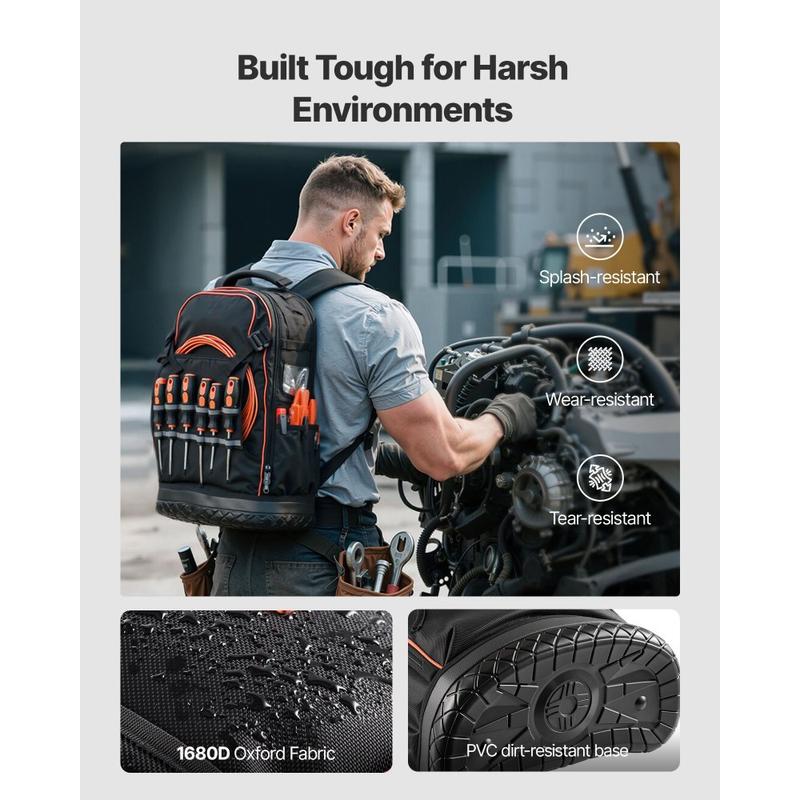 Heavy-Duty Tool Backpack with 65 Pockets: Storage Organizer Work Bag Featuring Laptop Compartment, Molded Base - Ideal for Electricians, Repairmen & HVAC Technicians