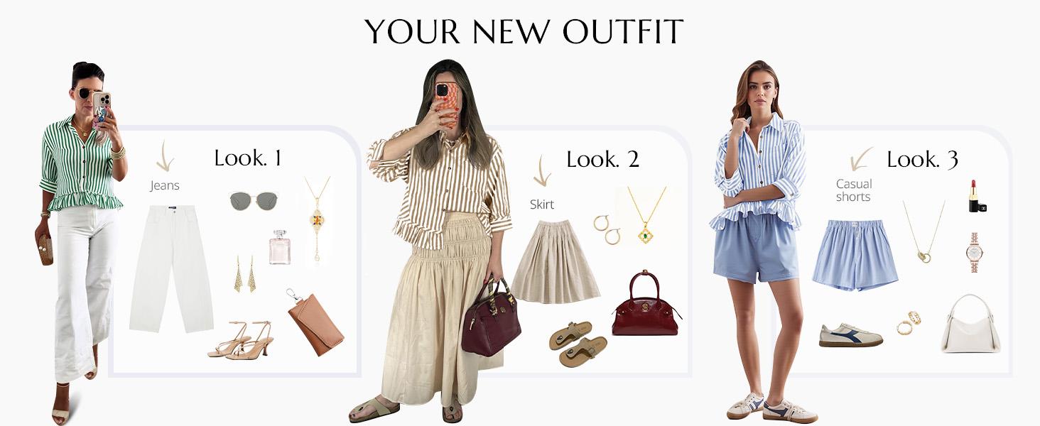 Cicy Bell Women’s Cropped Striped Button Down Shirts Ruffle 3/4 Length Sleeve Summer Tops Dressy Casual Blouses