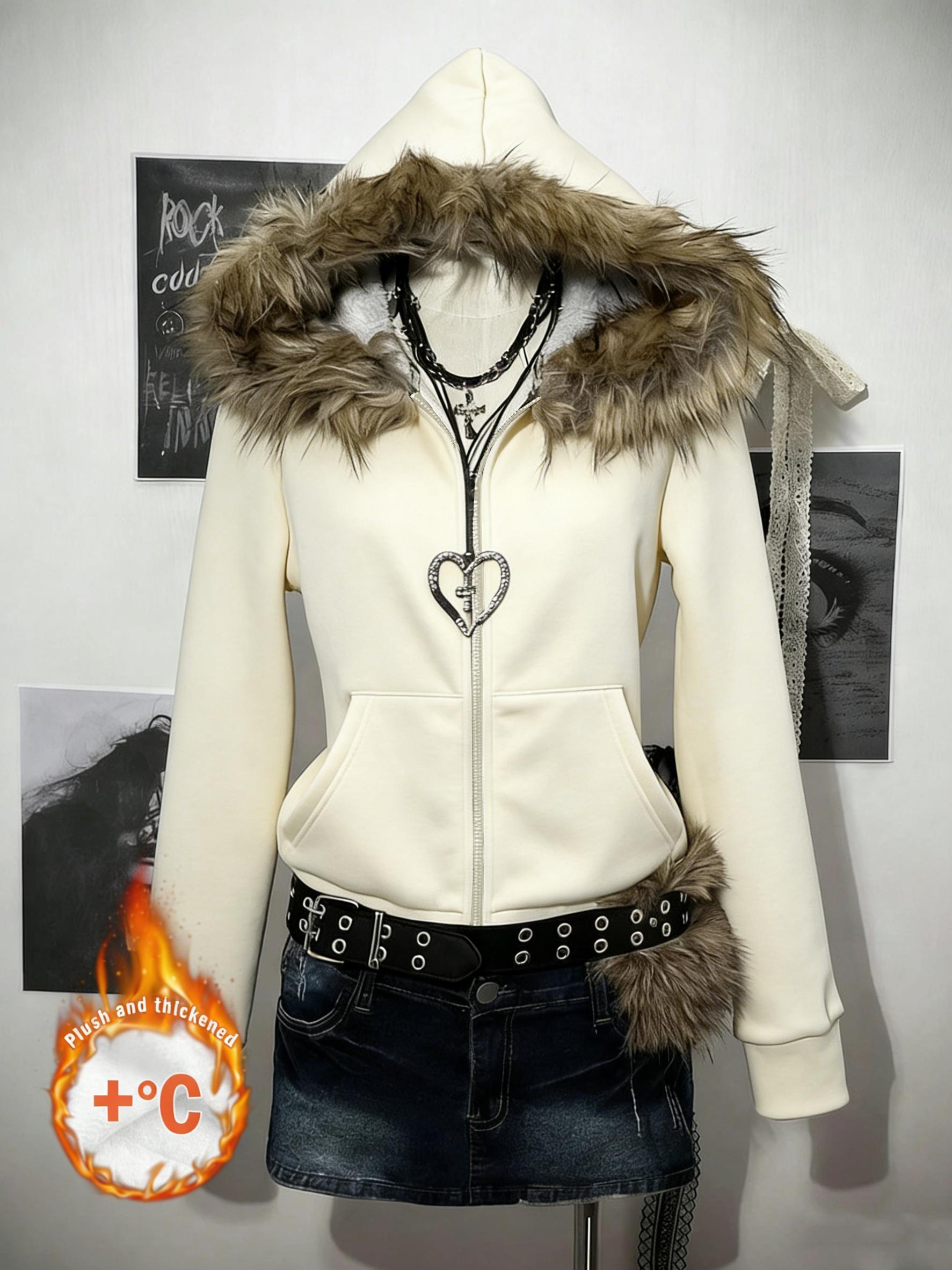 Y2K Gothic Black Faux Fur Hooded Solid Zip-Up Hoodie | Versatile All-Black Fall/Winter Style | Thickened Warm Fabric | Edgy Alt-Style Streetwear | Casual Daily Outfit | Fall/Winter Thermal Top | Trendy Dark Aesthetic 2000s Style Clothing Women