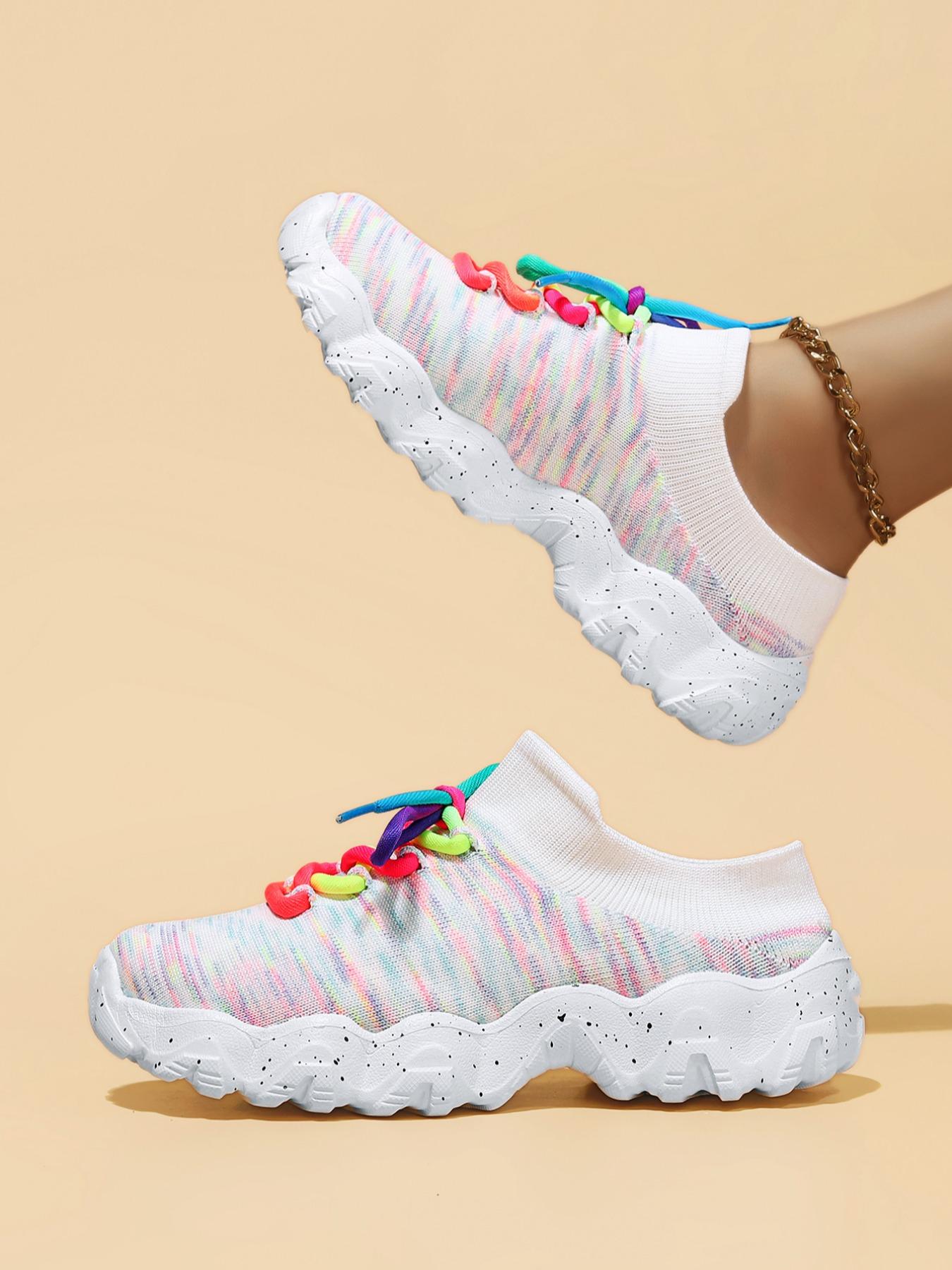 Women's Fashionable Colorblock Lace Up Low Top Sneakers, Casual Comfortable Sports Knitted Running Shoes, Female All-match Round Toe Shoes for Daily Wear