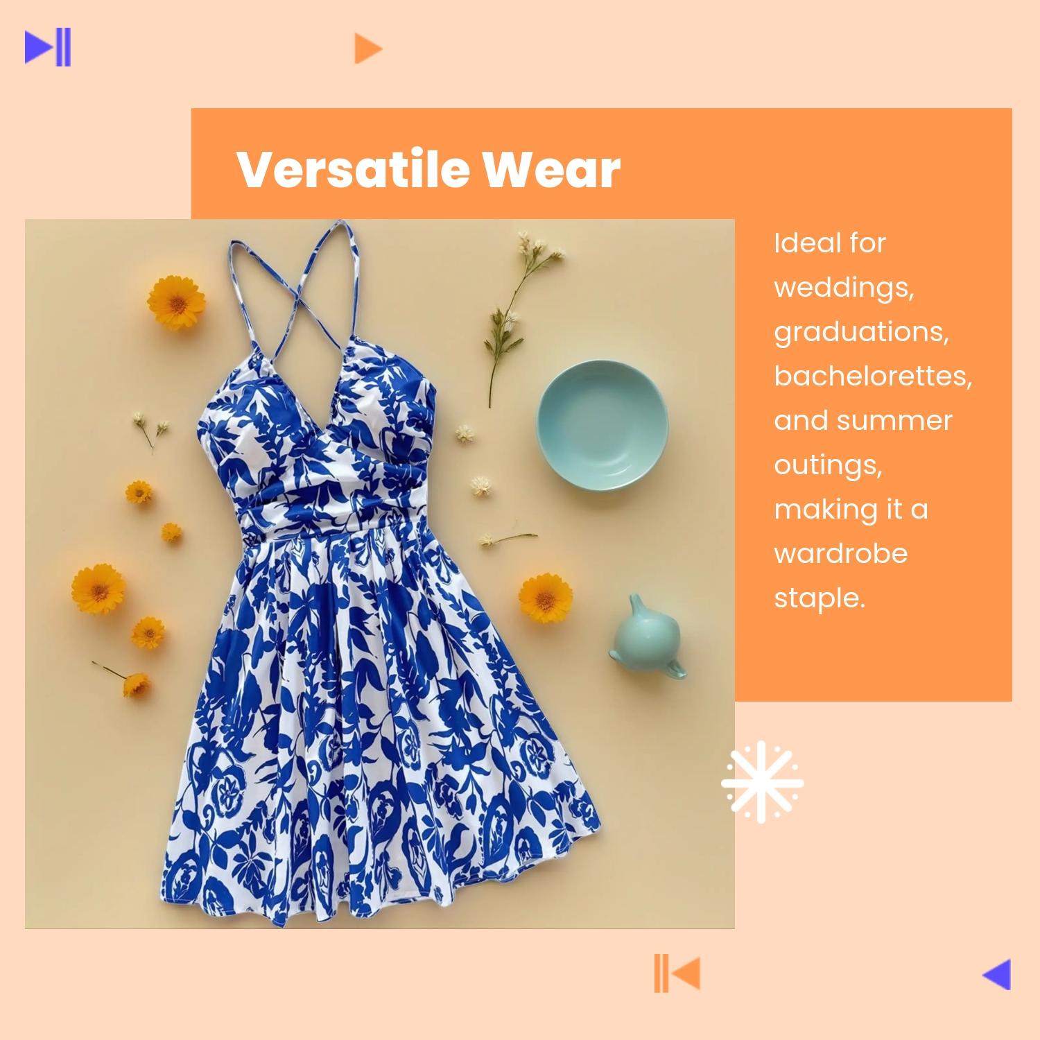 Women's Vacation-Style Blue & White Floral Print Deep V-Neck Backless Bowknot Back Ruffle Hem Dress, Suitable For Weddings, Graduations, Back To School, Cute Lunch, Sexy Bachelorette, Summer