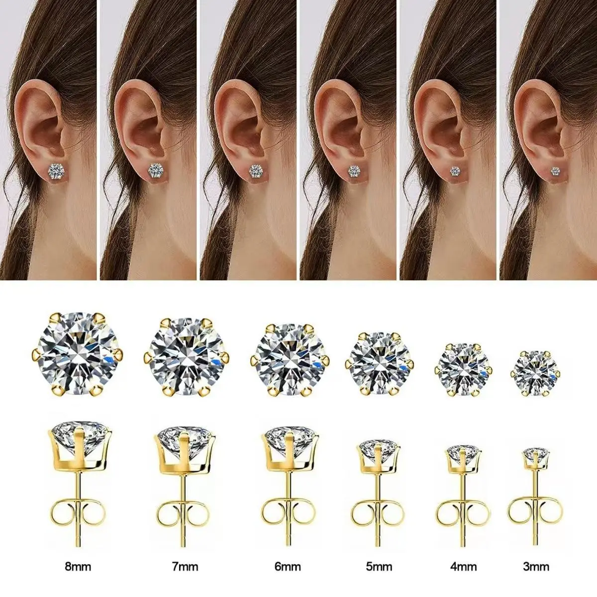 12Pcs Shiny Cubic Zirconia Earrings Set, Unisex 316L Stainless Steel Shiny CZ Earrings 3-8mm, Hypoallergenic Ear Stud Daily Costume Vacation Beach Jewelry Fashion Accessory