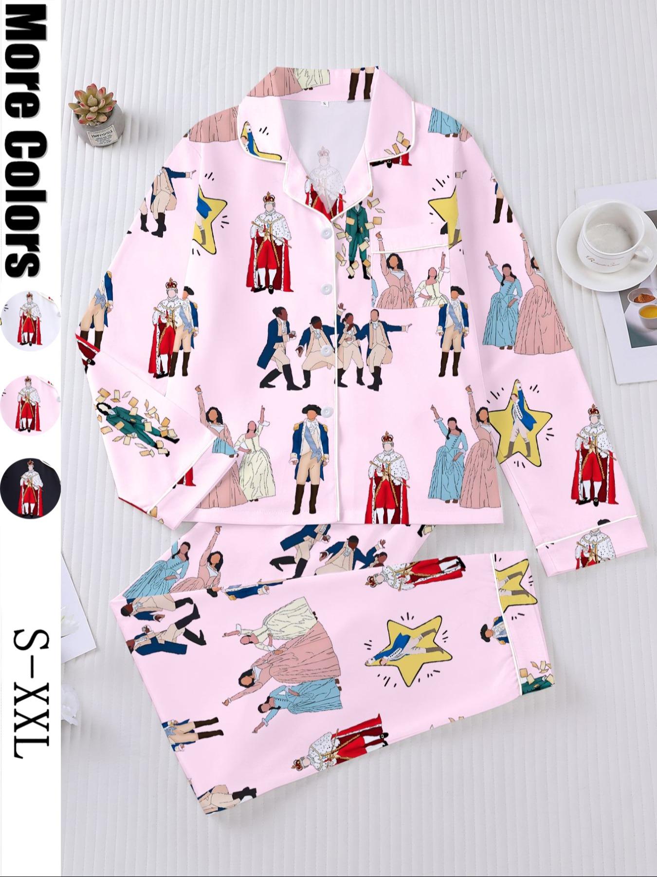 Hamilton Musical Print Women's Pajama Set, Long Sleeve Shirt Collar Button Soft Top & Elastic Pants, Casual Home Wear Loungewear