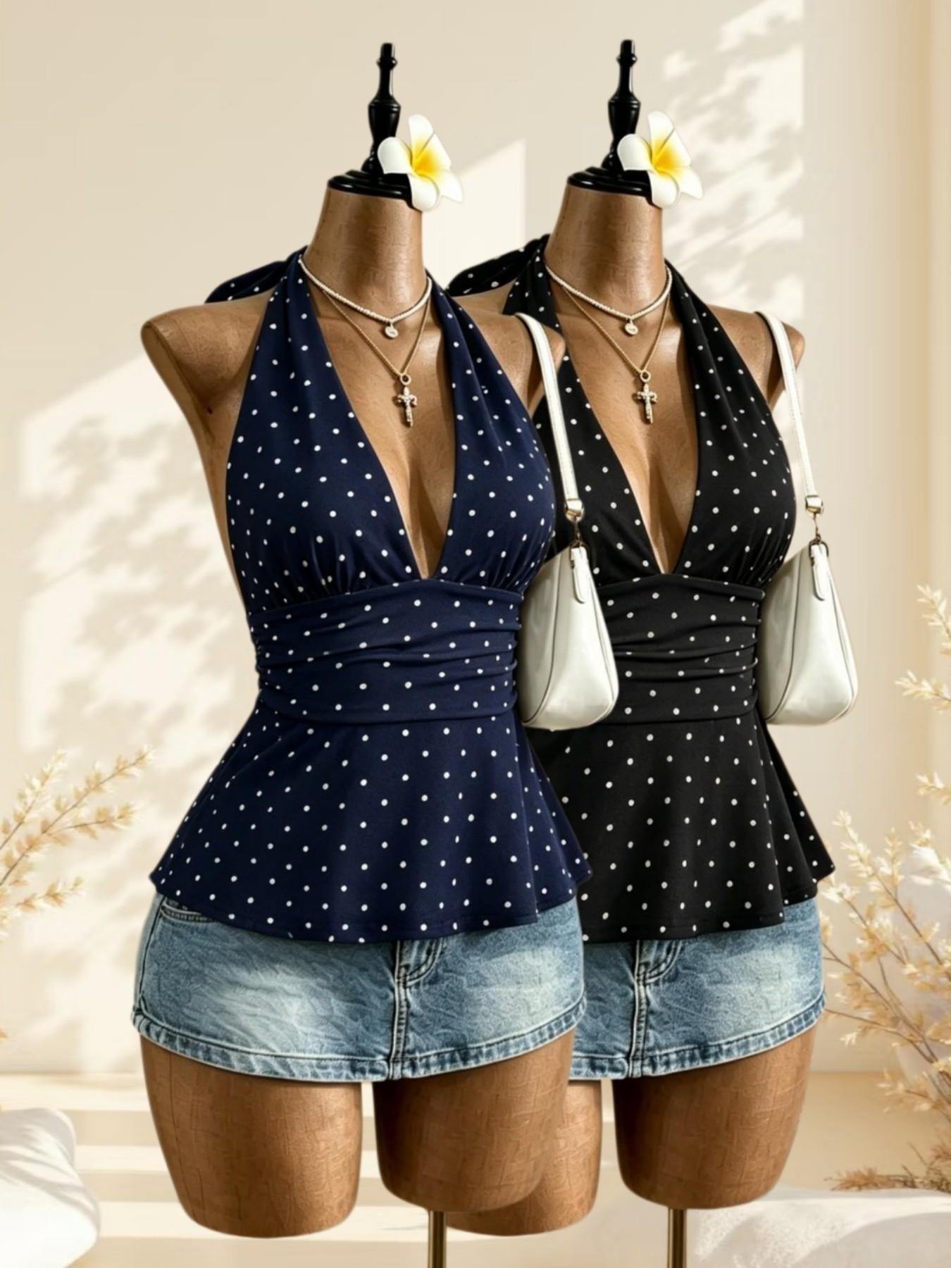 Vintage Sweet Cool Polka Dot Halter Sleeveless Top, Deep V Waist Slimming Ruffle Sexy Shirt, Two Pieces Set, Casual All Seasons Wear Fit