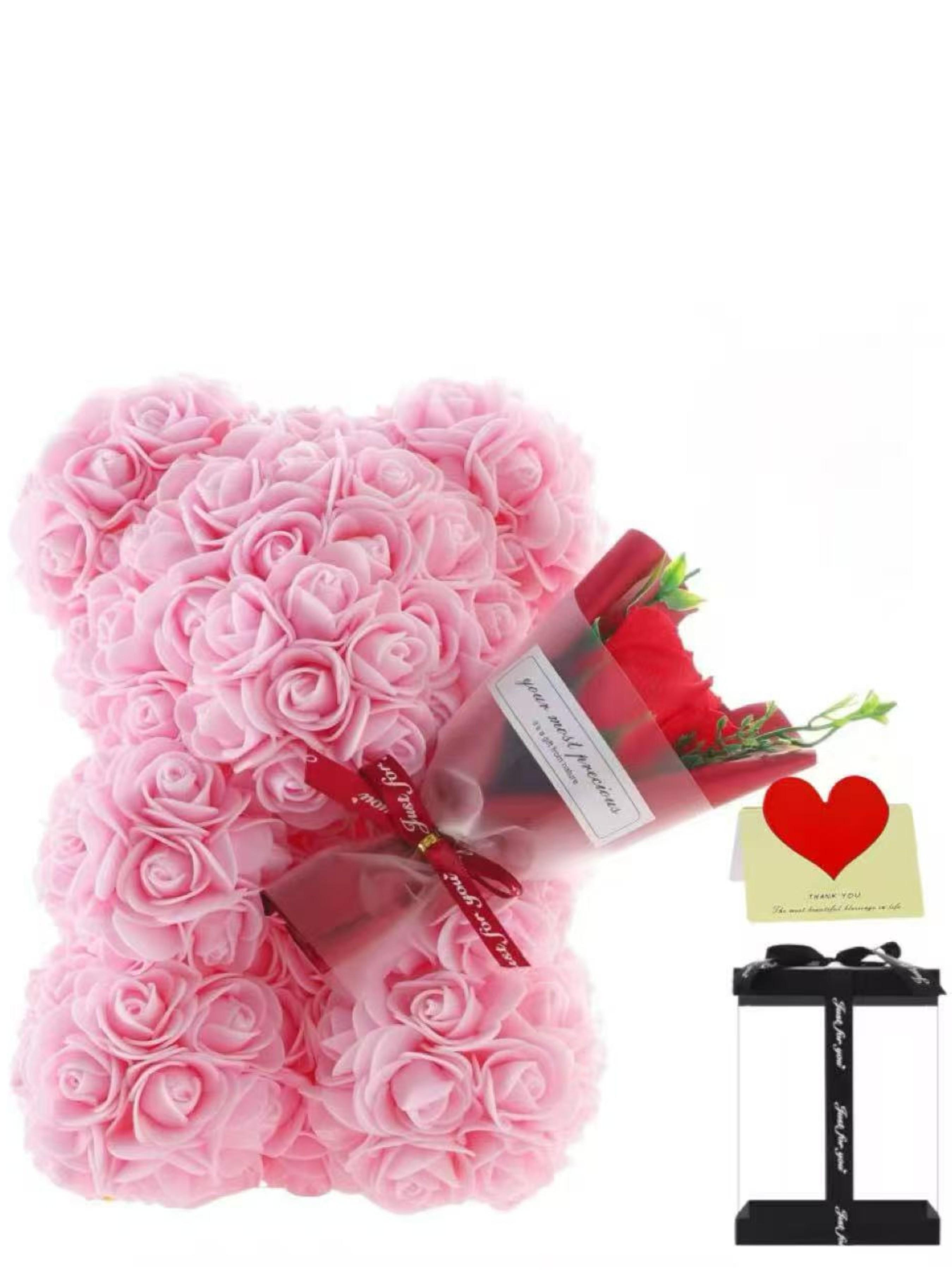 Forever Flower Pe Rose Bear Bouquet, Cute Floral Pattern, Perfect Gift for Valentine's Day, Graduation, Birthday, No Necklace Included