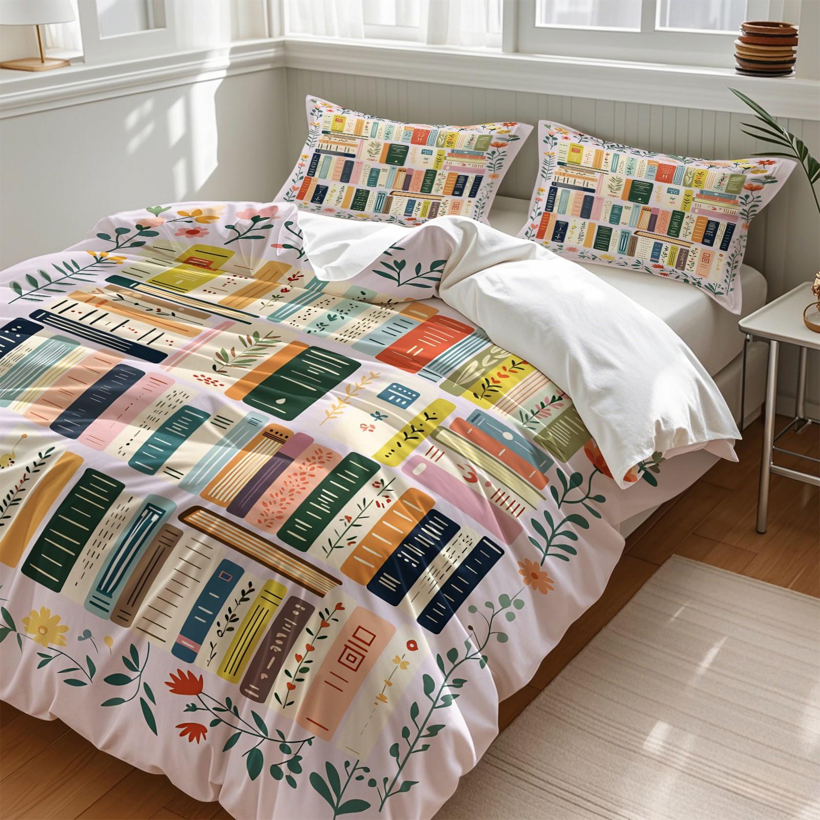Aesthetic Bookworm Duvet Cover Set, Soft Breathable Microfiber Bedding, Colorful Bookshelf Flower Print Comforter Cover, Bedroom Decor, Perfect Gift for Book Enthusiasts, Includes 1 Quilt Cover & 1-2 Pillowcase