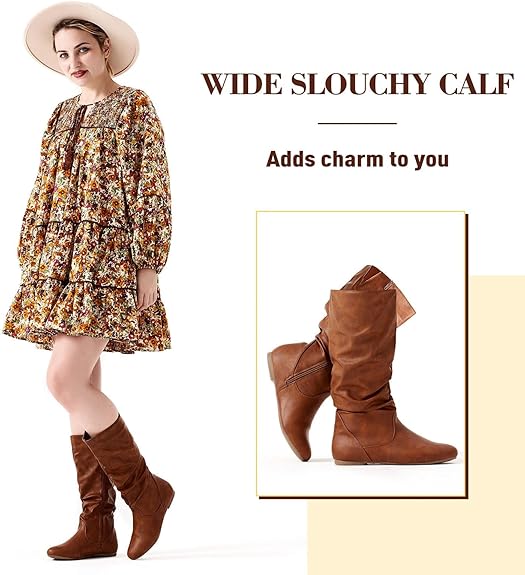 Women's Slouchy Mid Calf Boots Zip up Flat Boots