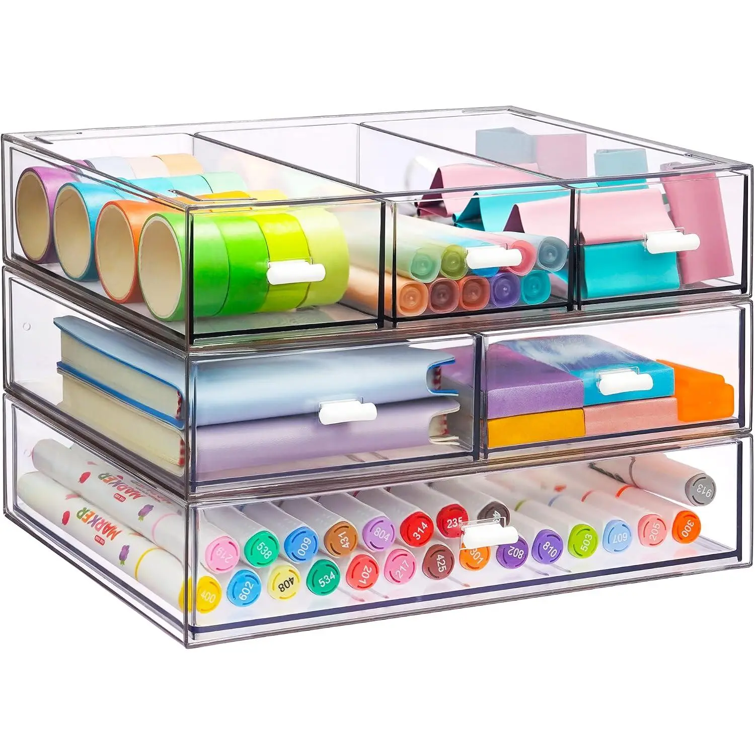 3 Tier Stackable Desk Organizer with 6 Drawers,  Plastic Desktop Storage Box Drawers, Detachable Makeup Storage Office Stationery Supplies Organizer for Office School ( Clear)
